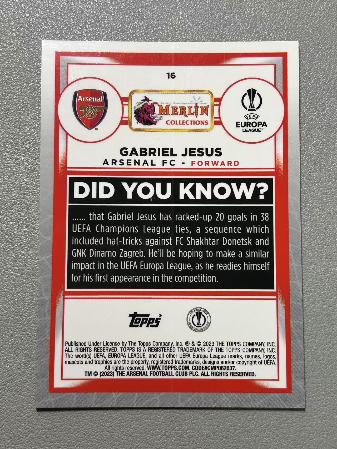 【阿泽代卖】2023 Topps Merlin Chrome Gabriel Jesus 阿森纳 加布里埃尔 热苏斯 /199编 折射 绿点点折 带编 选图巨帅 卡品如图 介意勿拍