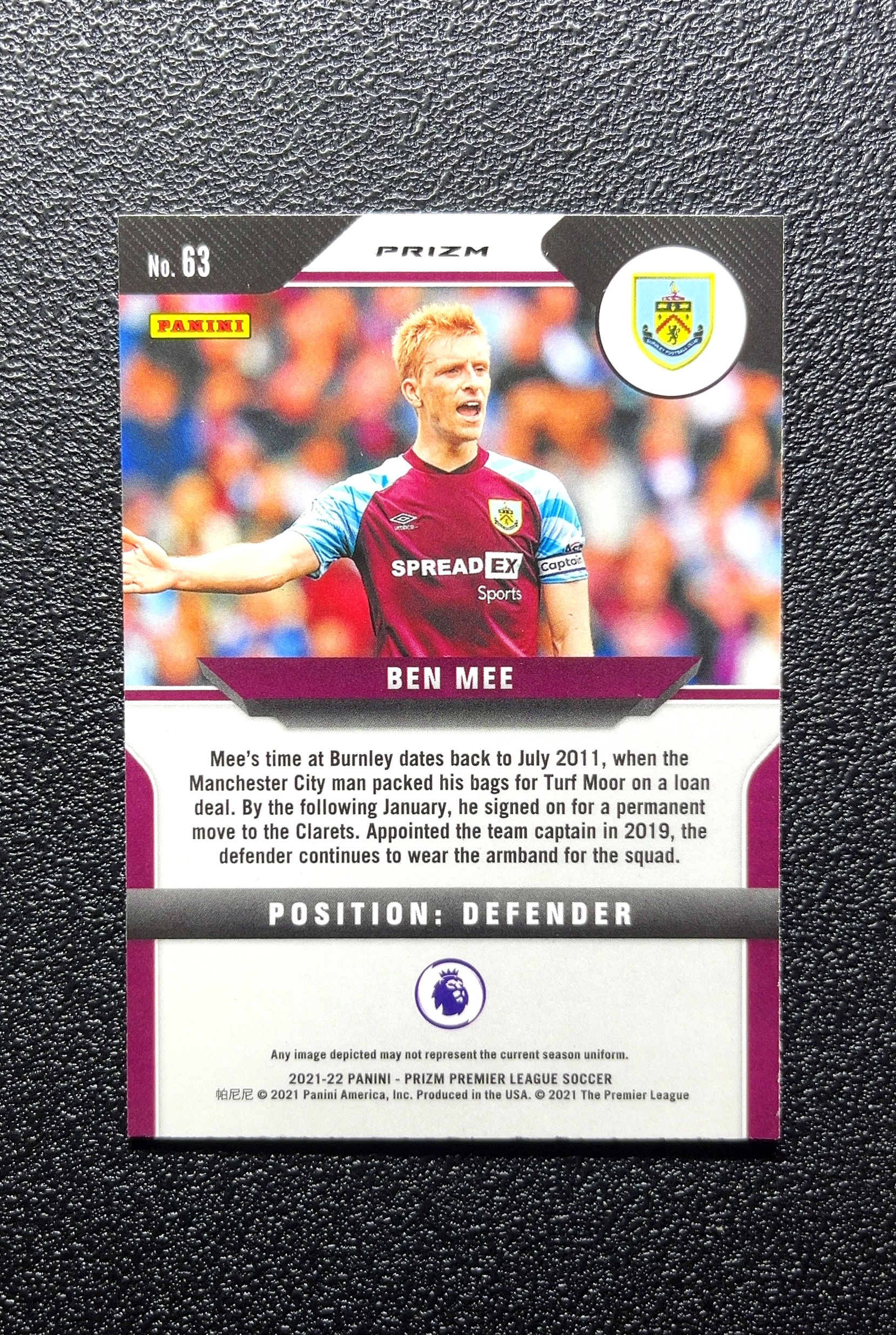 【小白1%代卖】2021-22 Panini Prizm Ben Mee 本·米 蓝波纹折 折射 卡品如图 高价值 #63 Burnley 伯恩利 0803
