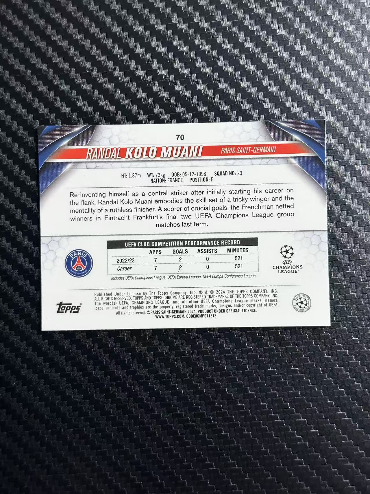 2024 Topps Chrome Randal Kolo Muani 欧冠tc 法国 大巴黎 兰德尔 克洛 穆阿尼 044/250编 粉马赛克折 卡品如图 拍前看描述