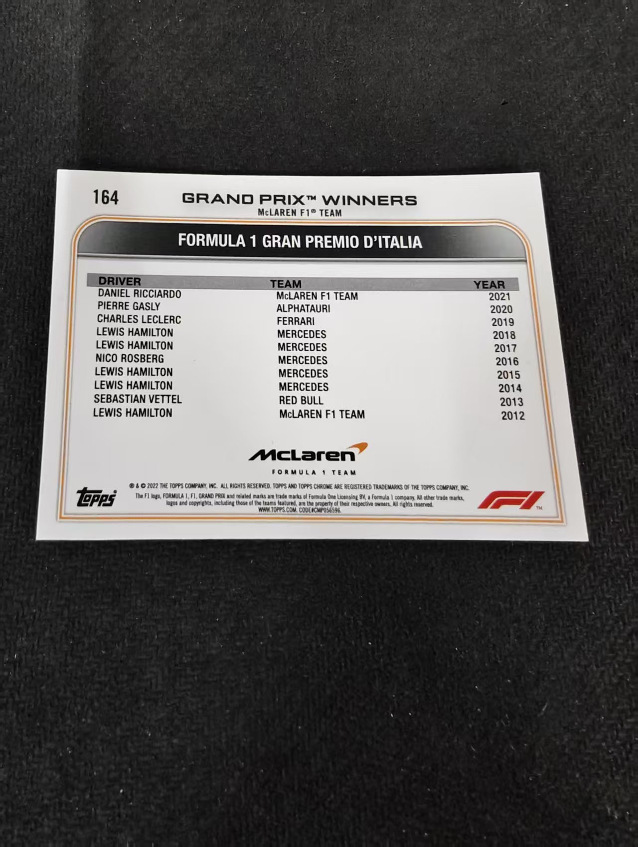 2022 Topps Chrome F1 Daniel Ricciardo 丹尼尔 里卡多 迈凯伦车队 划痕 边角瑕疵 #164