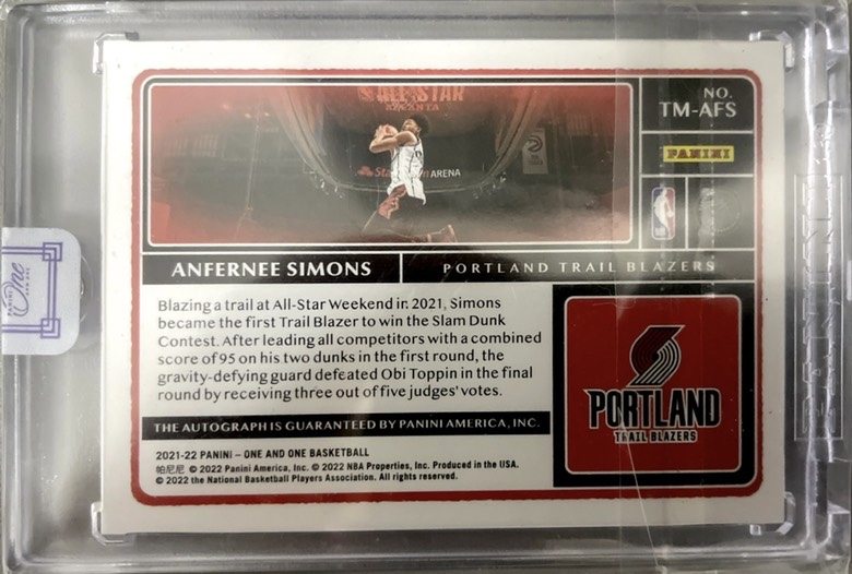 2021-22 Panini One and One Anfernee Simons 安芬尼 西蒙斯 小西蒙斯 one and one oao 时刻 银笔签字 /99编 原封砖。