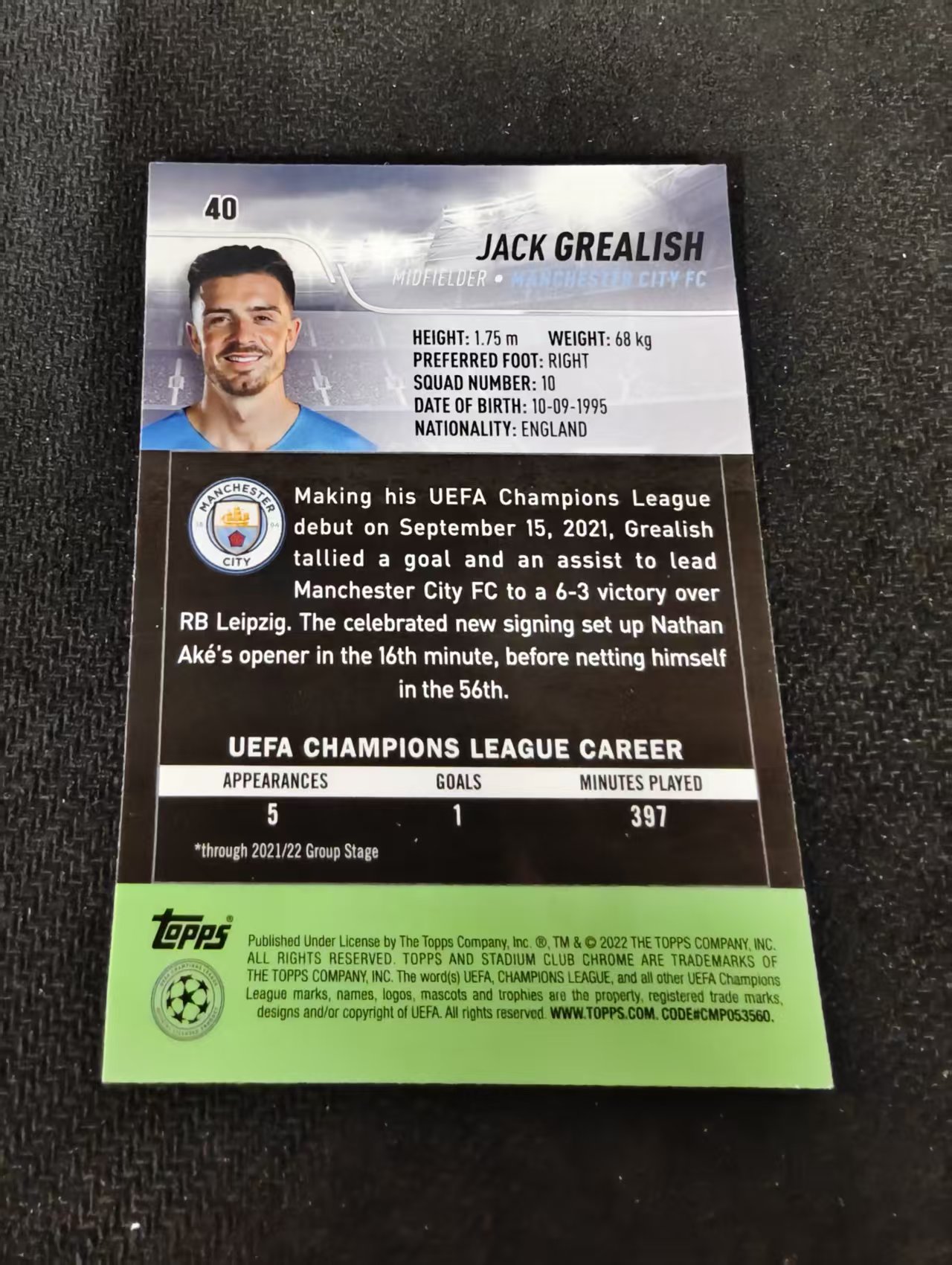 【可合并,不累计】2022 Topps Stadium Club Chrome Jack Grealish 曼城 格拉利什 欧冠 竞技场 不保卡品 介意勿拍 #40