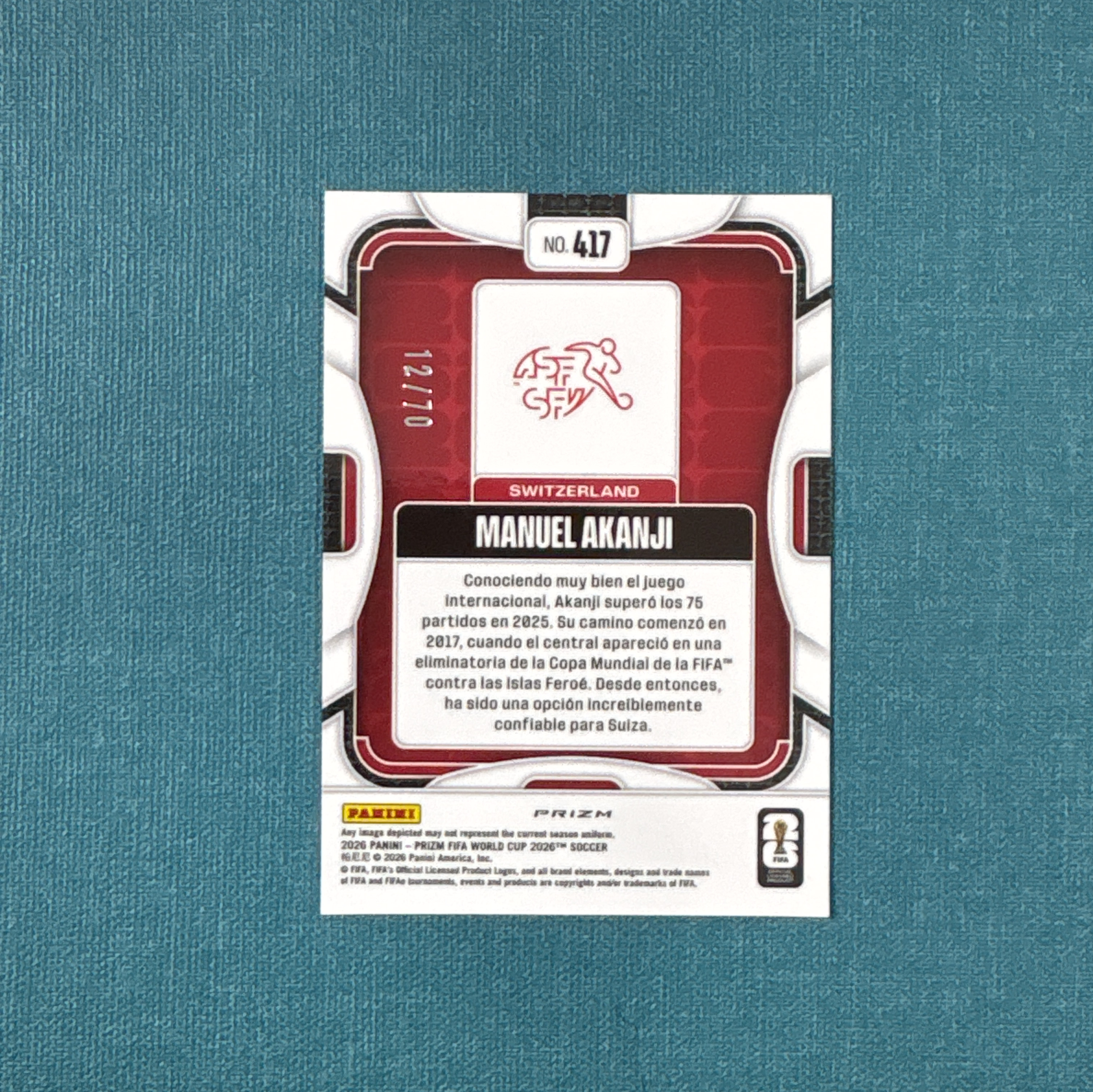 2026 Panini Prizm 世界杯PZ Manuel Akanji 阿坎吉 12/70编 雄鹰折 瑞士 国际米兰 国米 曼城 卡品如图 JGG