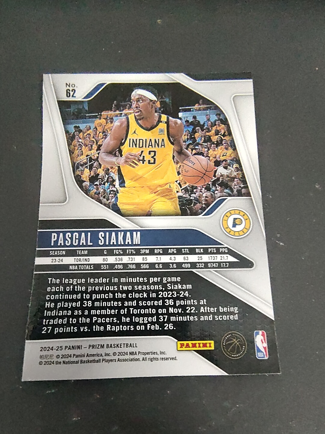 【可合并,不累计】2024-25 Panini Prizm Pascal Siakam 帕斯卡尔 西亚卡姆 印第安纳 步行者 PZ 划痕 边角瑕疵 #62