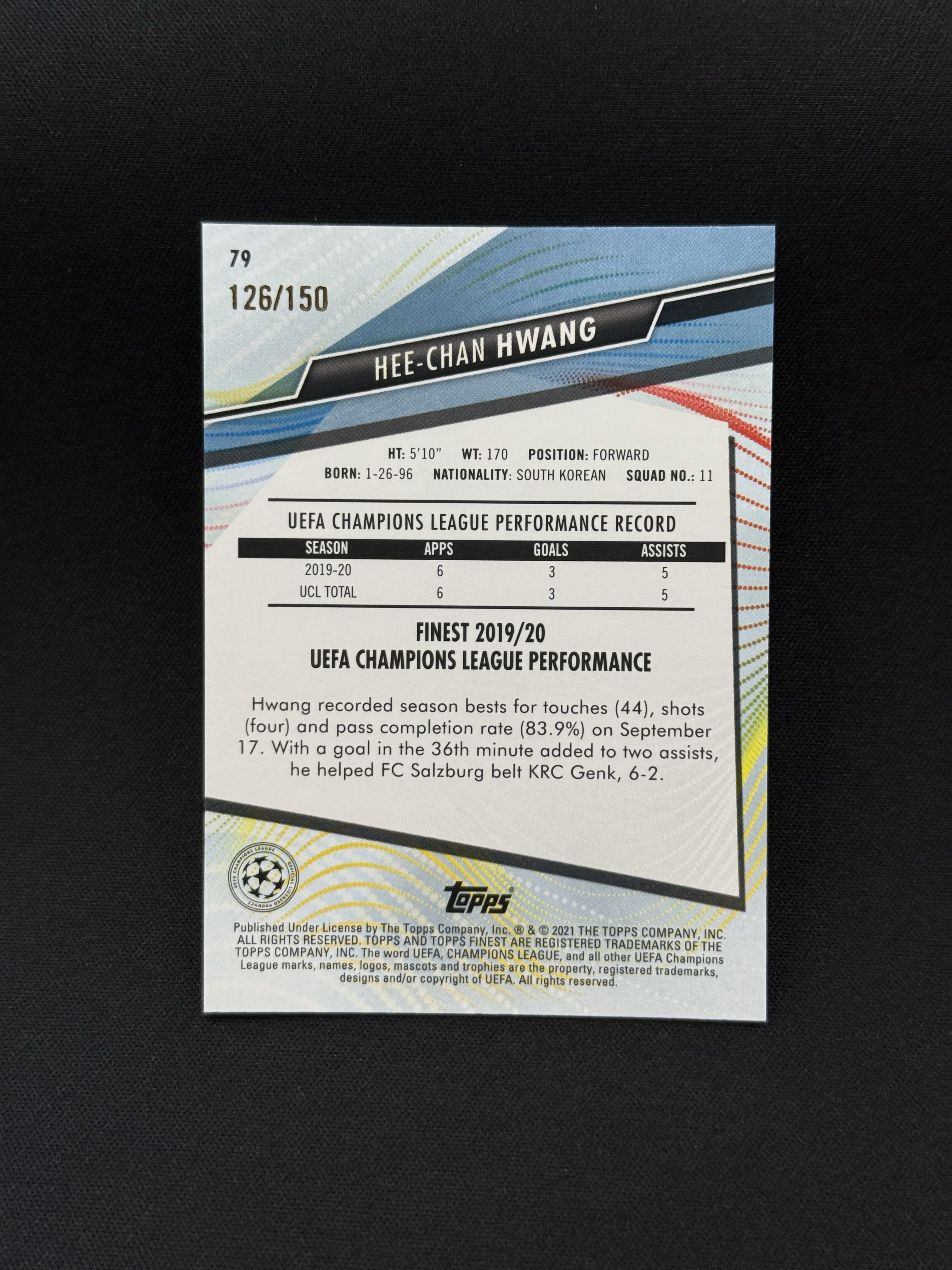 2020-21 Topps Finest Hwang Hee Chan 【小贝代拍】欧冠 Finest 莱比锡红牛 黄熙灿 蓝折 150编 卡品如图 拍前看描述 H CT