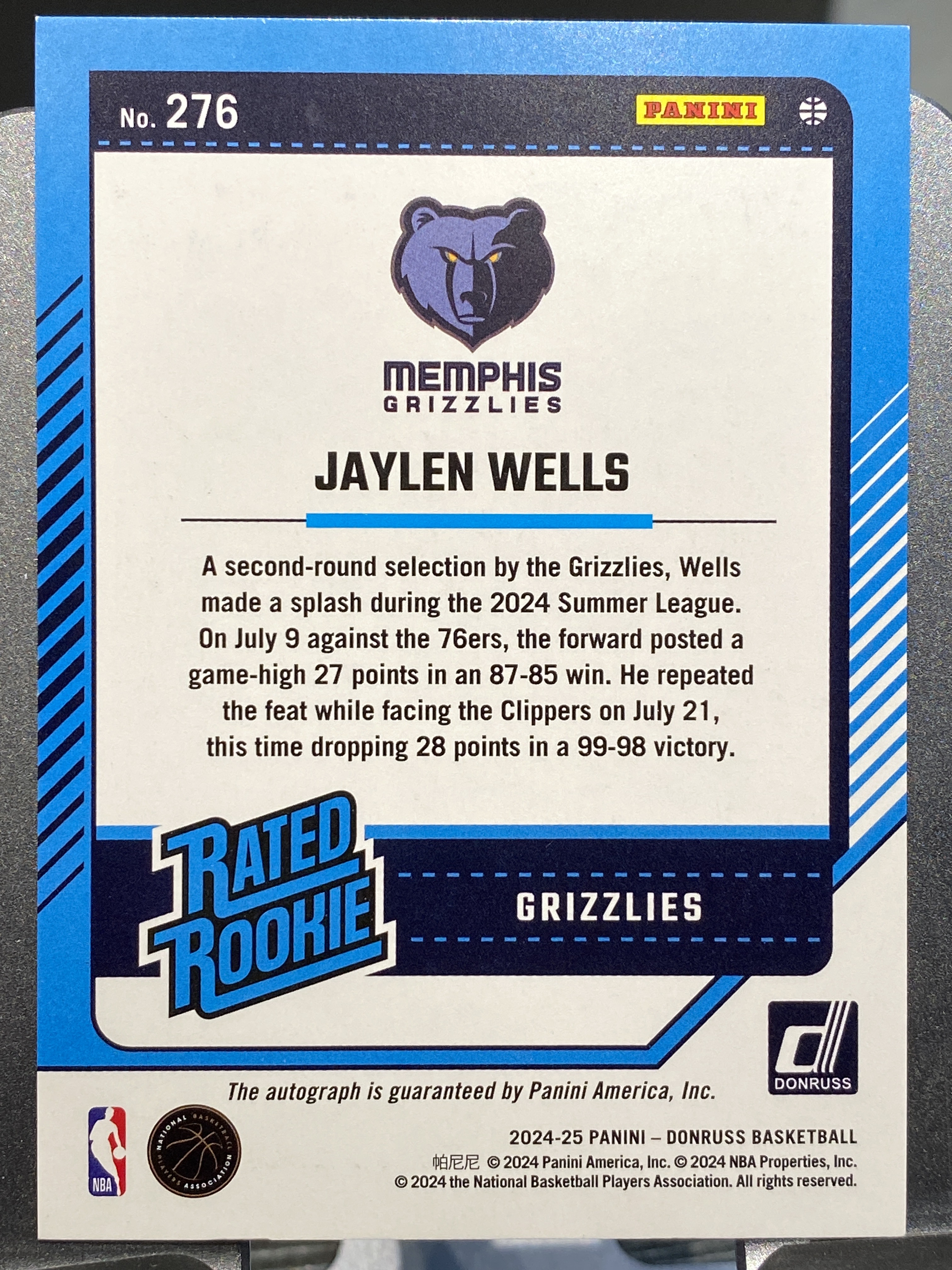 2024-25 【靓星代拍】 Donruss Jaylen Wells RC 杜蕾斯 新秀Rookie 杰伦威尔斯 22/75编 灰熊钻石折 签字签名 未来核心 签字完美 卡品如图 专收凑套必备 #火