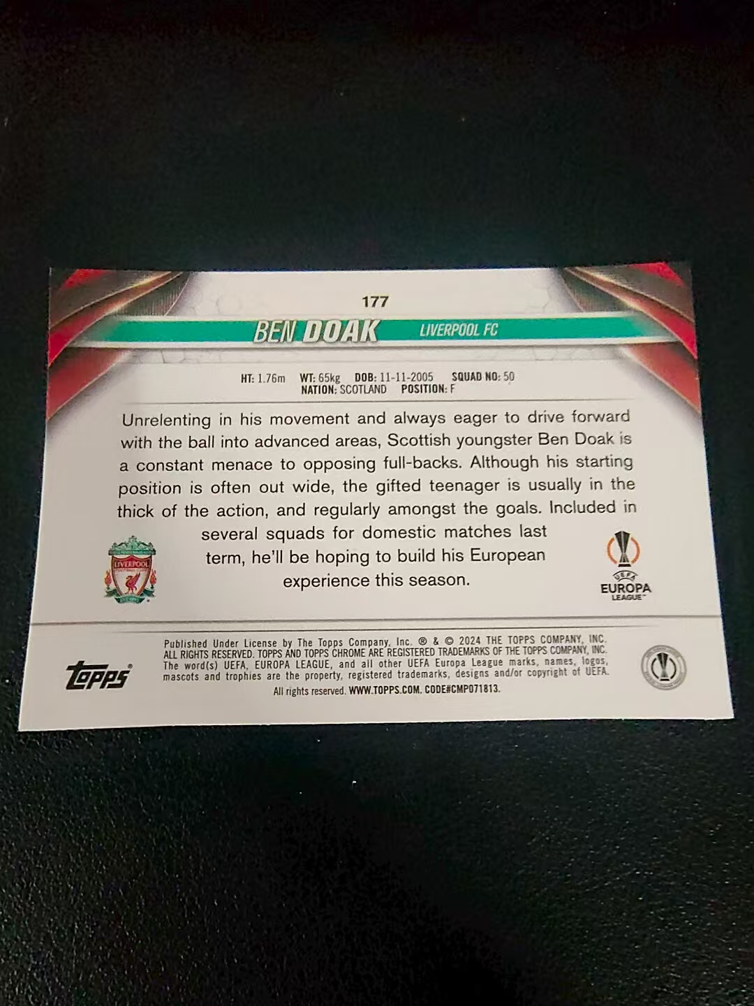 【可合并,不累计】2024 Topps Chrome Ben Doak 本 多克 新秀 RC 利物浦 欧冠 划痕 边角瑕疵 #177