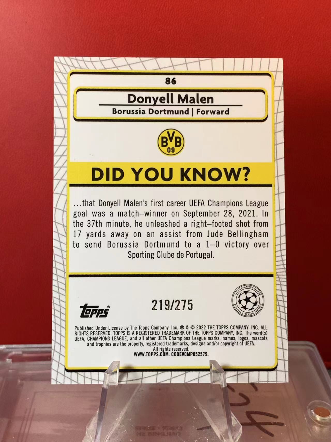 (詹叔代拍) 2024 Topps Merlin chrome Donyell Malen 欧冠 梅林 多特蒙德 马伦 219/275编 粉Mojo 顺丰寄付 泰山
