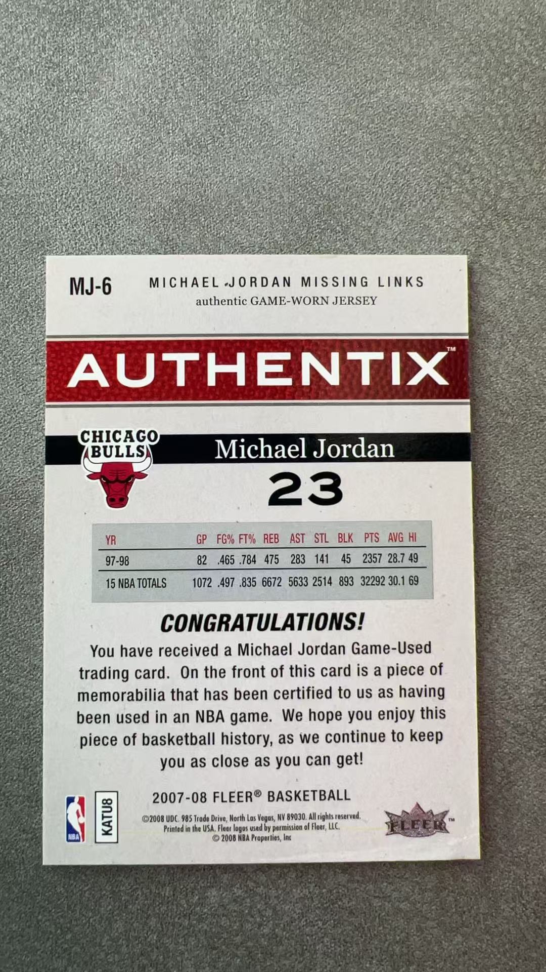 4802【330球星卡实体店代卖】2007-08 FLEER BASKETBALL Michael Jordan 迈克尔乔丹 公牛 小窗球衣实物 GU落场 卡品如图 仅顺丰寄付 (UK23)