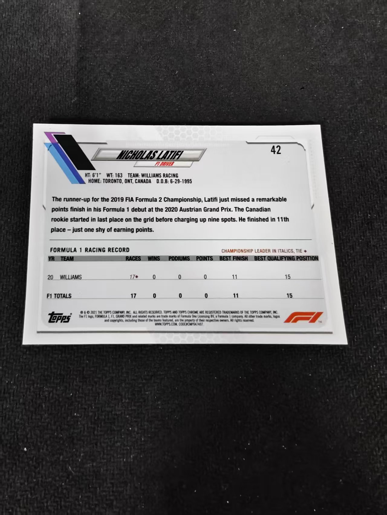 2021 Topps Chrome F1 Nicholas Latifi 尼古拉斯 拉提菲 划痕 边角瑕疵 #42