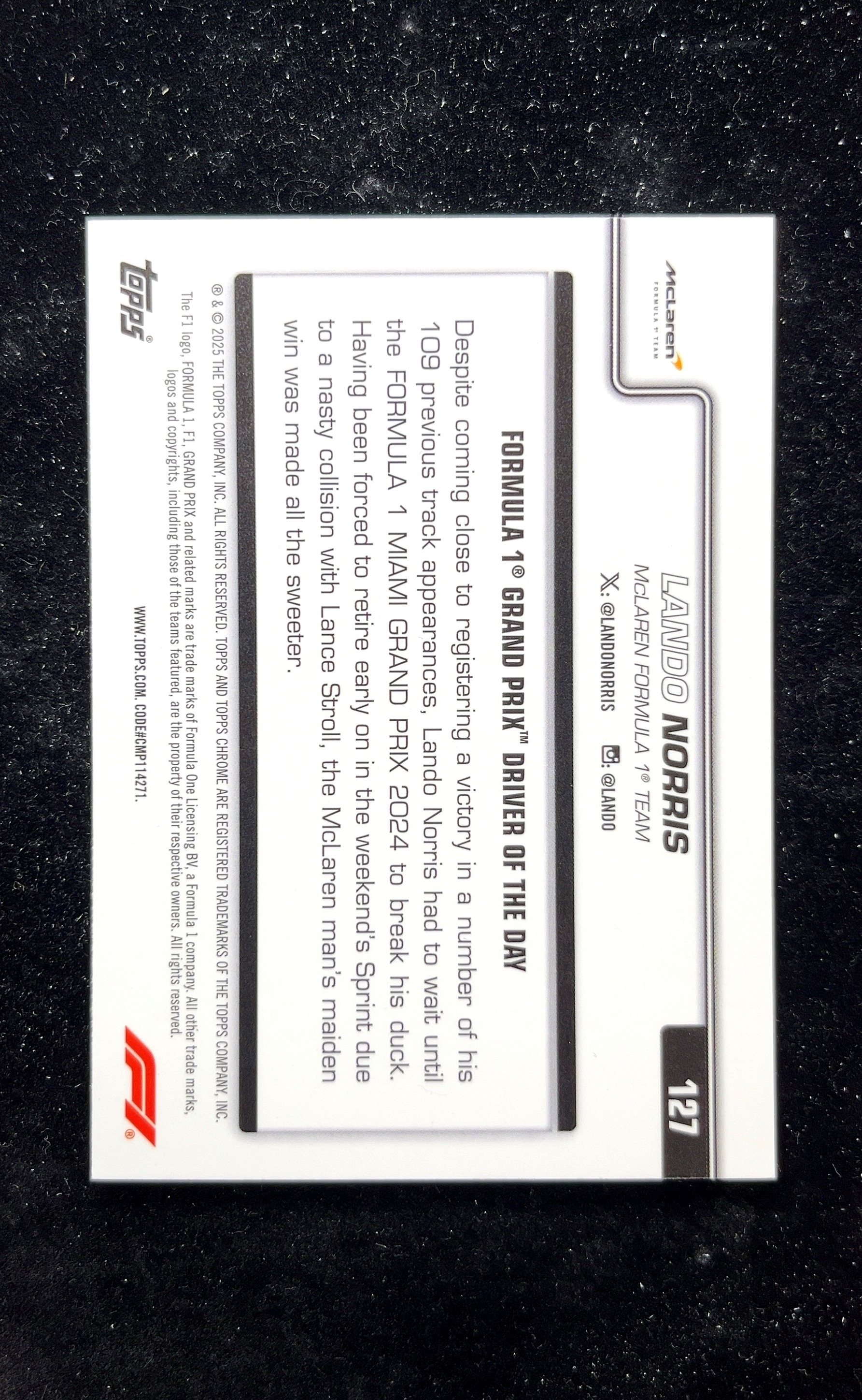【小白1%代卖】2025 Topps Chrome Driver of the Day 当日最佳车手 Lando Norris 兰多·诺里斯 卡品如图 高价值 #127 McLaren F1 062
