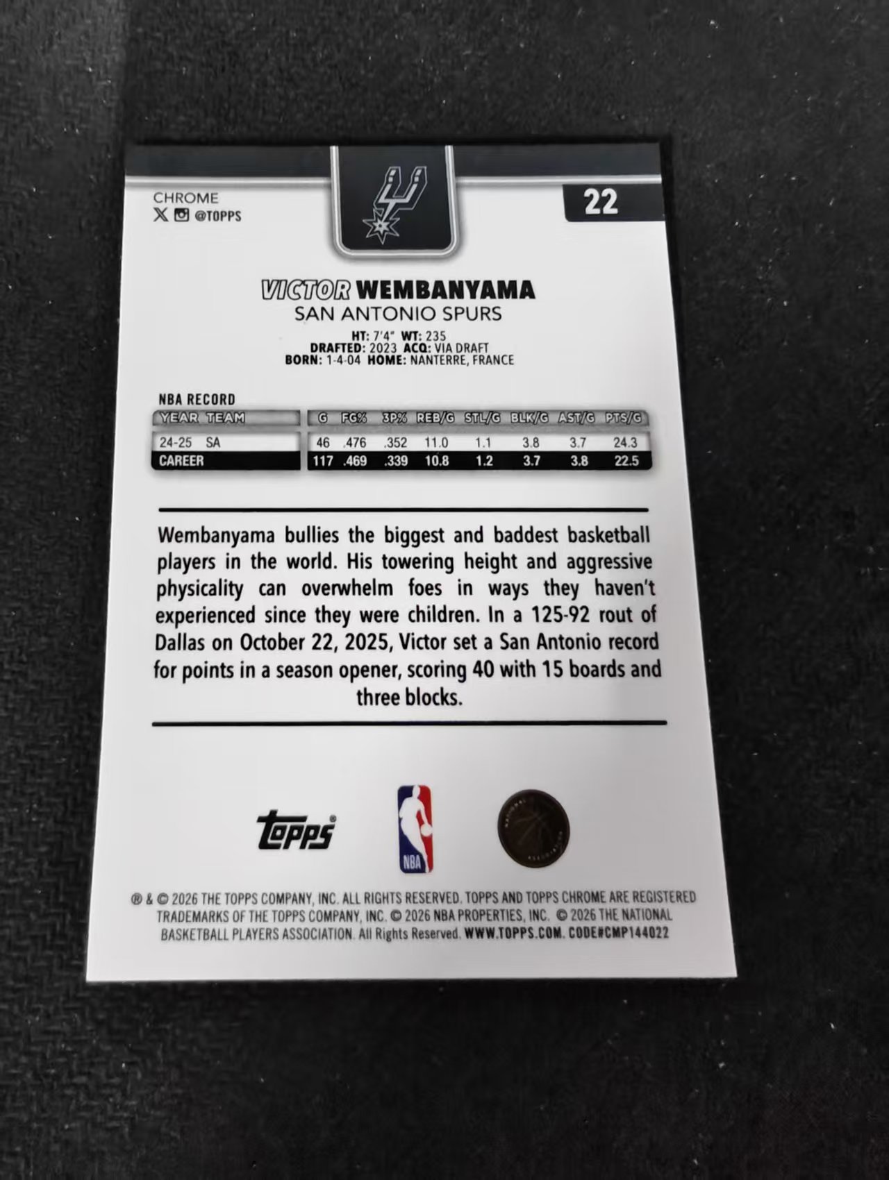 2026 Topps Chrome Update Victor Wembanyama 马刺 维克托 文班亚马 斑马 TCU 划痕 边角瑕疵 #22