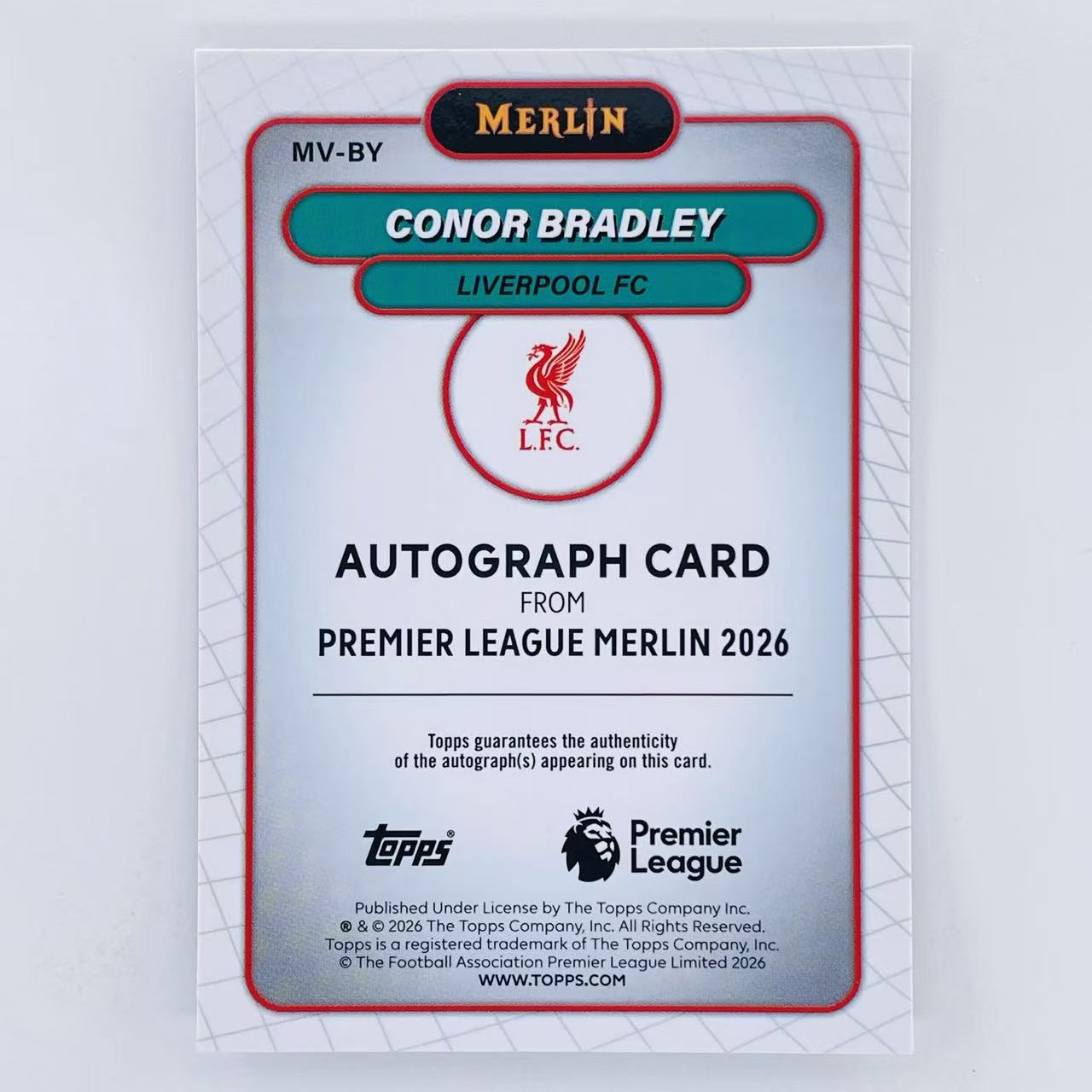 2026 Topps Merlin Chrome PL Conor Bradley 元年英超梅林TC 英格兰 利物浦 康纳 布拉德利 签字 银折 未来可期 Jeff# N
