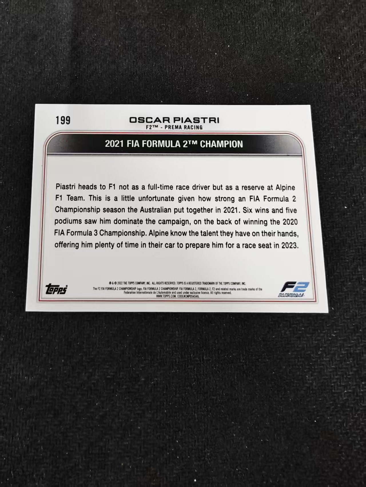 2022 Topps Chrome F1 Oscar Piastri 皮亚斯特里 F2 划痕 边角瑕疵@199