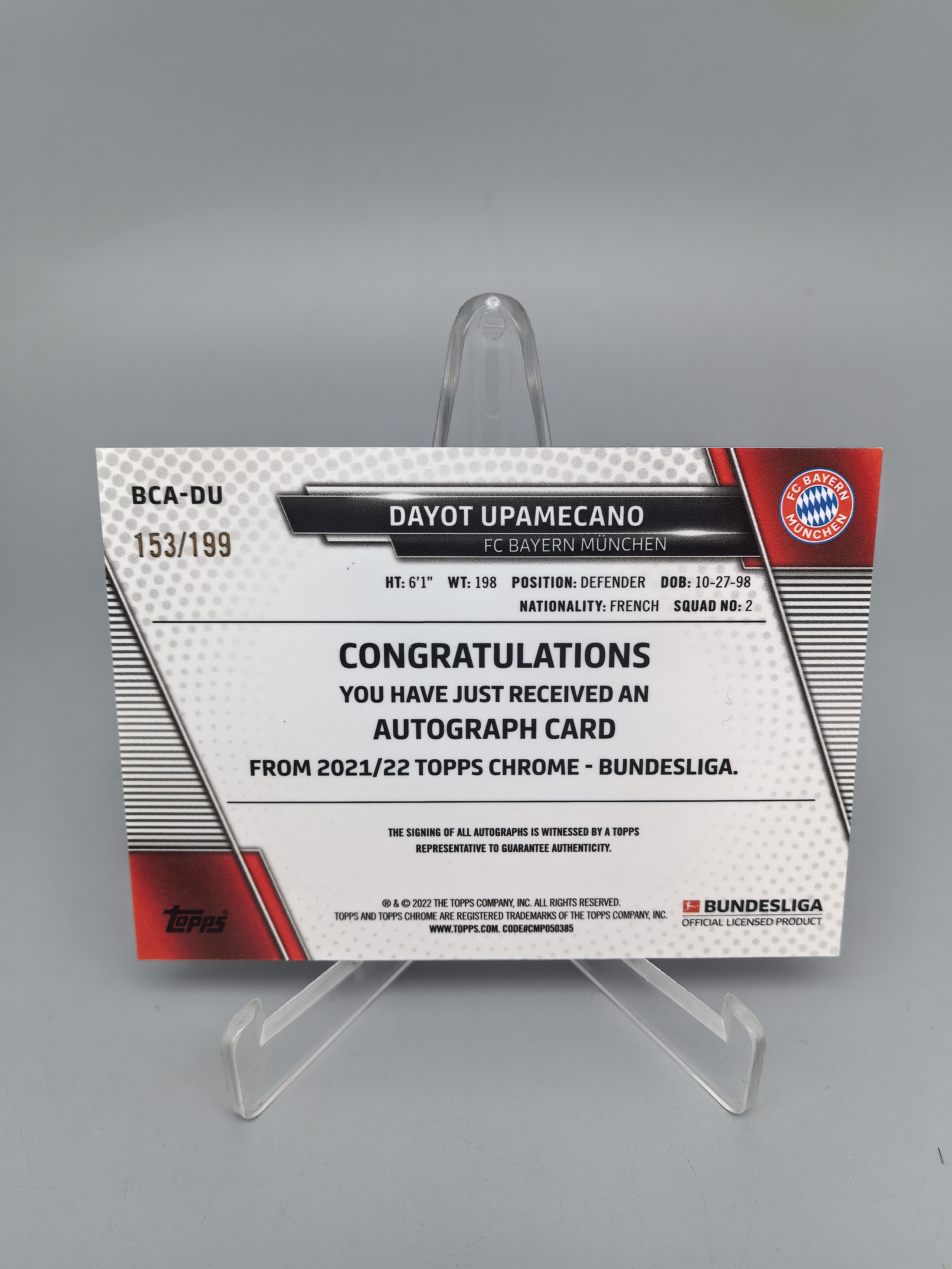 【坚果卡牌代拍】2021-22 Topps Chrome 德甲 Dayot Upamecano 于帕梅卡诺 拜仁 德甲 签字 153/199编 紫折 落袋1027