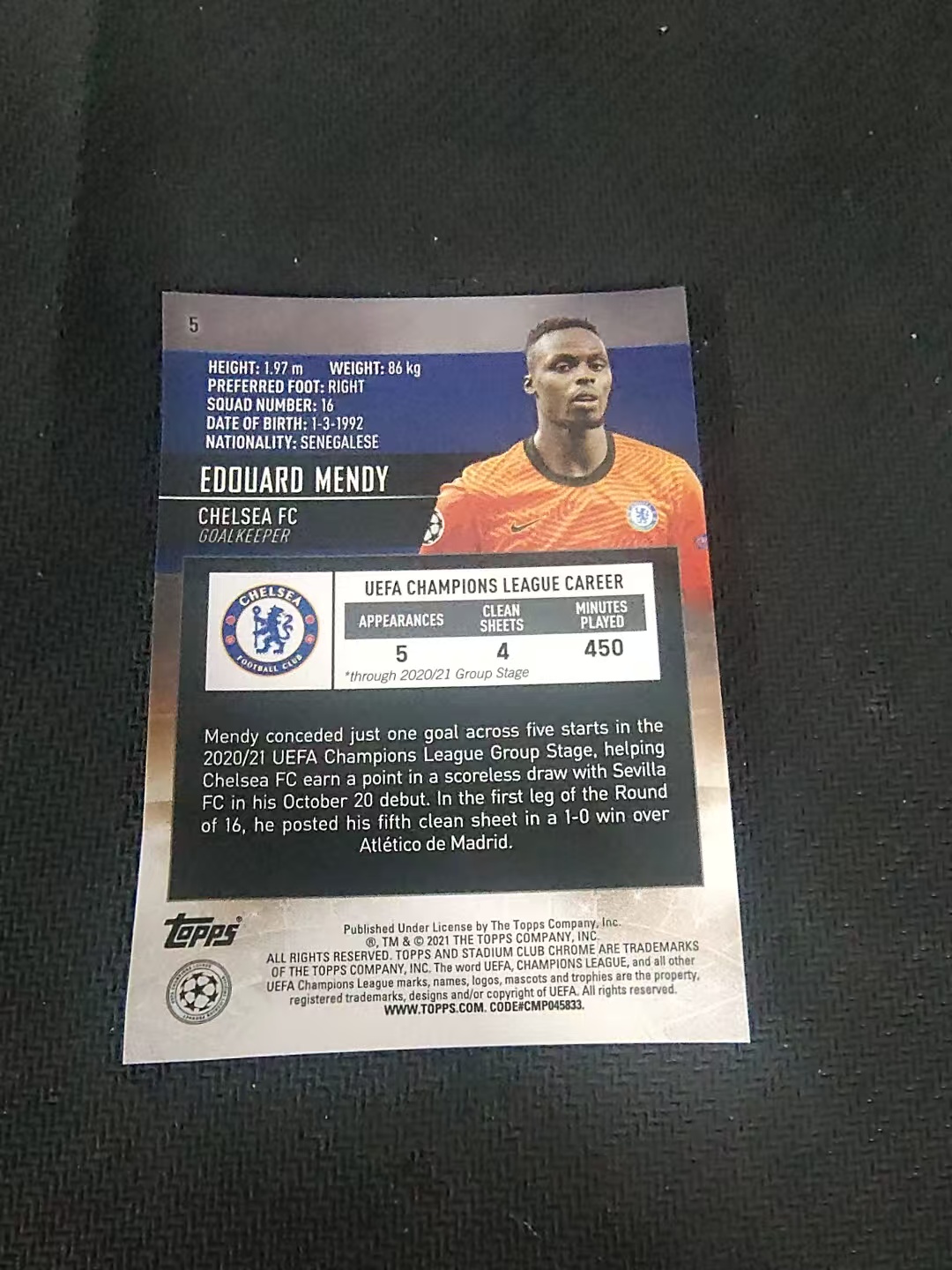 【可合并,不累计】2021 Topps Stadium Club Edouard Mendy RC 切尔西 爱德华 门迪 RC新秀 竞技场 欧冠 划痕 边角瑕疵 #5