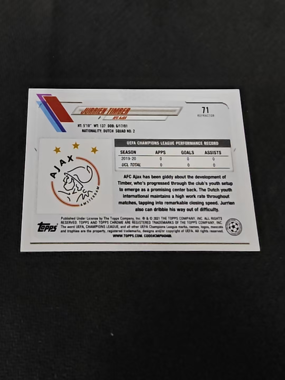【可合并,不累计】2021 Topps Chrome Jurrien Timber RC 廷贝尔 新秀 阿贾克斯 阿森纳 荷兰 欧冠 银折 划痕 边角瑕疵 #71