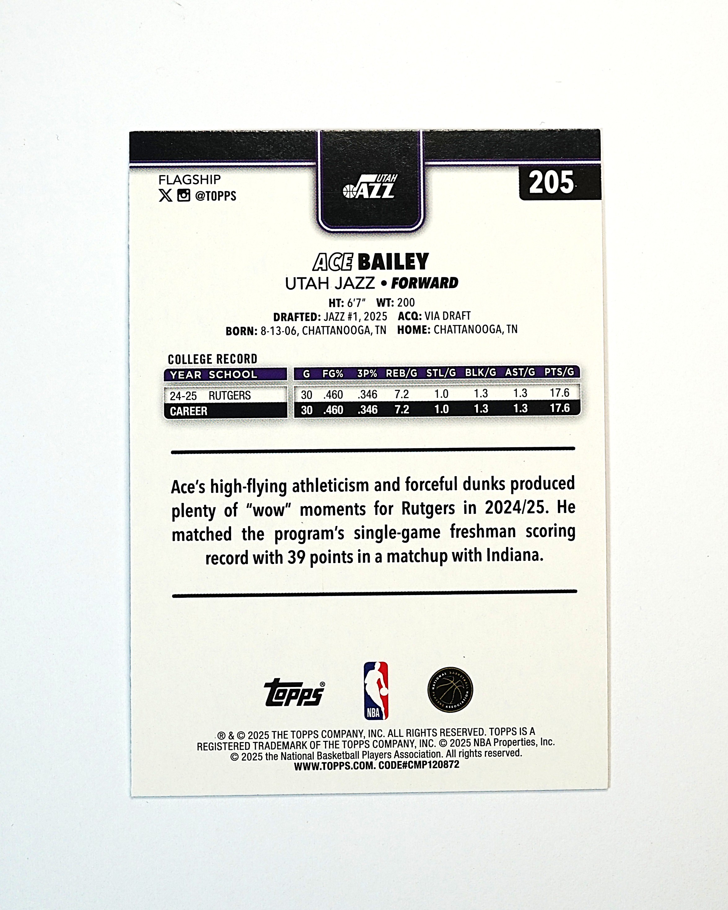 2025 Topps Flagship Ace Bailey RC 埃斯 贝利 048/150编 新秀 正蓝折 爵士 艾斯 马尔卡宁队友 未来可期 专收投资凑套必备 卡品如图【DD】