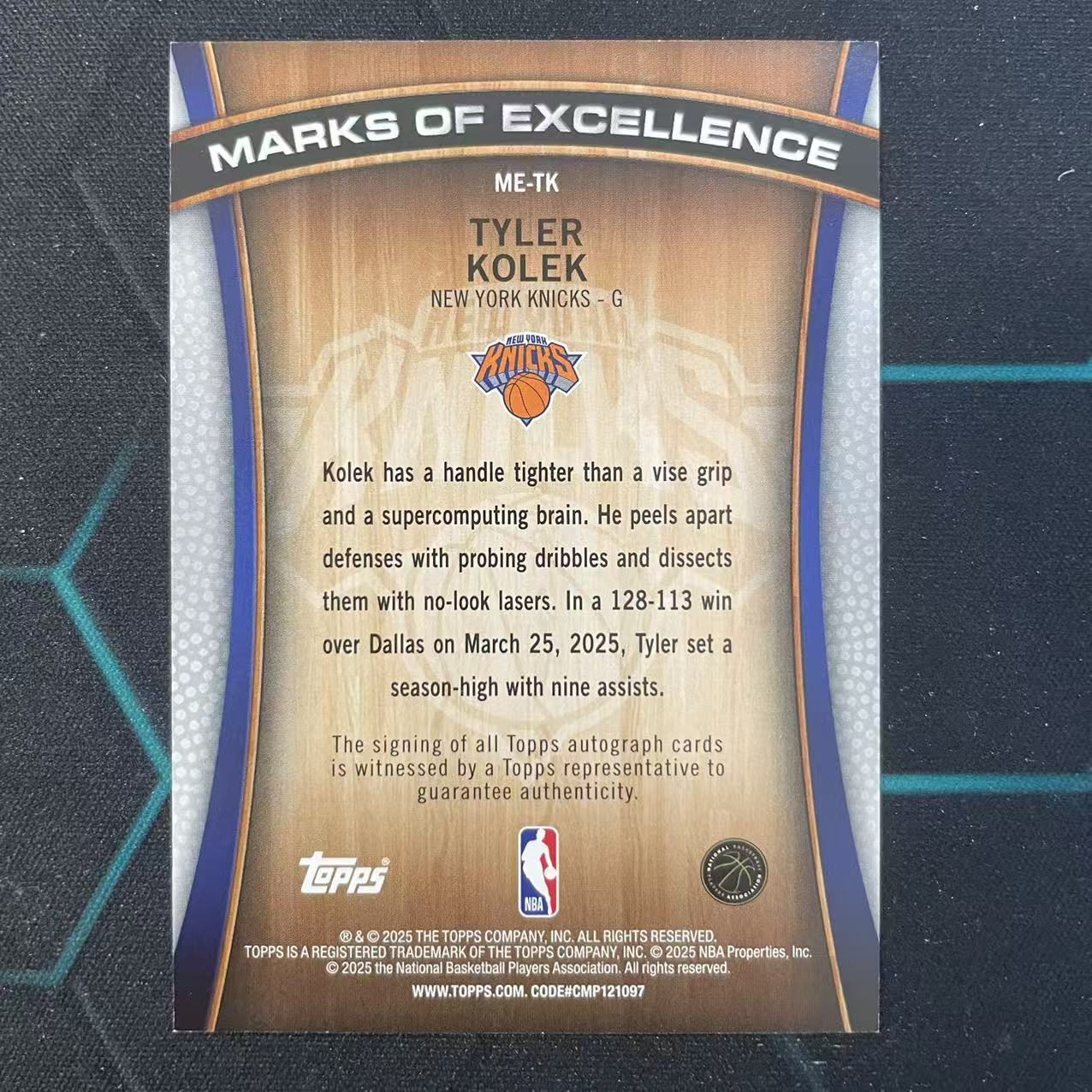 2025 Topps Flagship Tyler Kolek 【阿福代卖】泰勒 科勒克 尼克斯 Marks Of Excellence 卓越签 签字 收藏必备 2(biu)