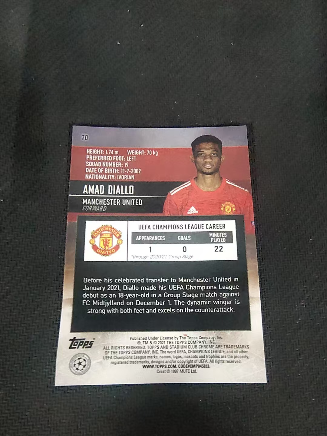 【可合并,不累计】2021 Topps Stadium Club Chrome Amad Diallo 阿马德·迪亚洛 曼联 RC新秀 竞技场 欧冠 划痕 边角瑕疵 #70