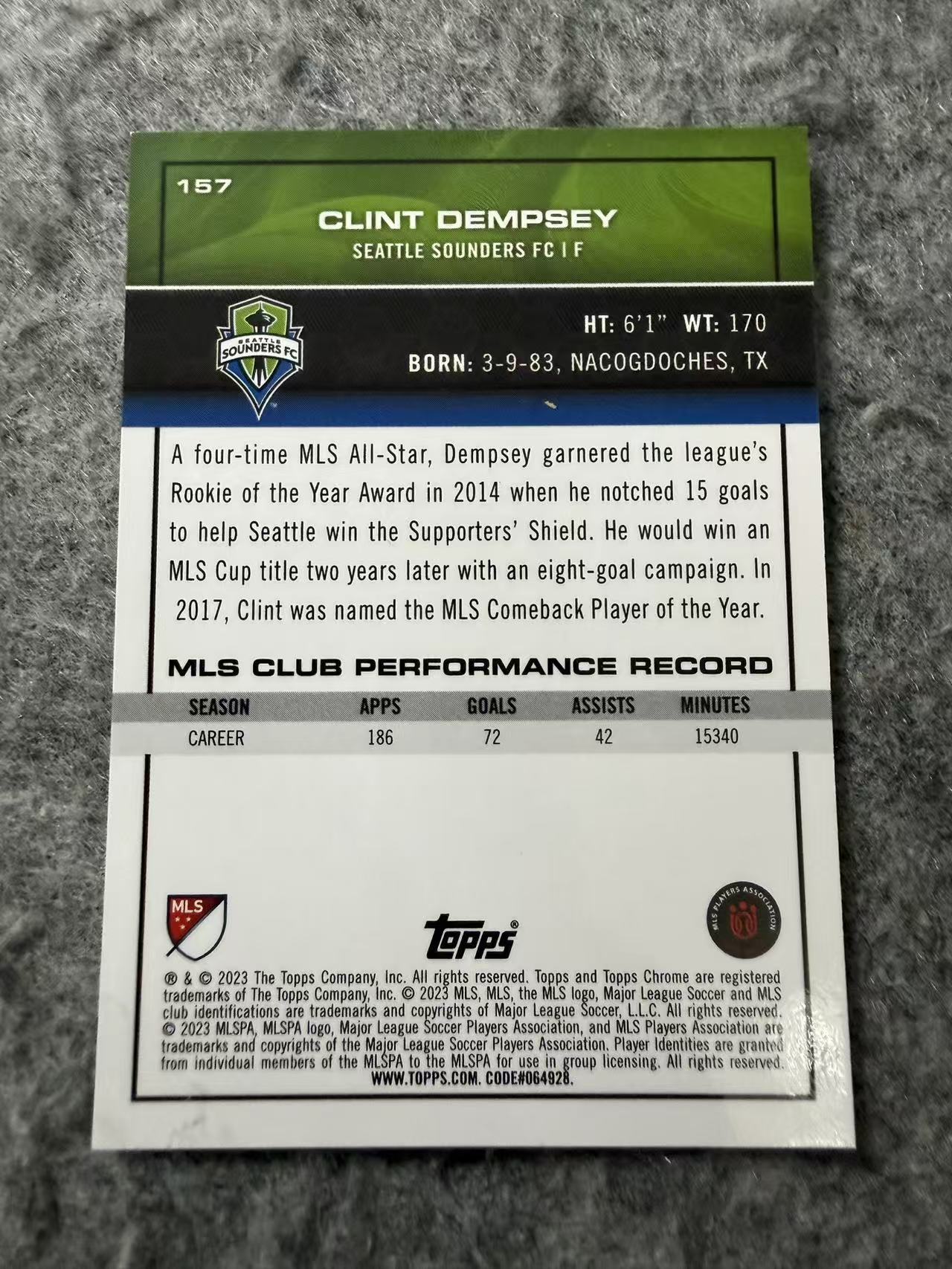 2023 Topps Chrome Clint Dempsey MLS美职联 蓝宝石 西雅图海湾人 克林特 邓普西 蓝折 折射 Base 特卡 199编