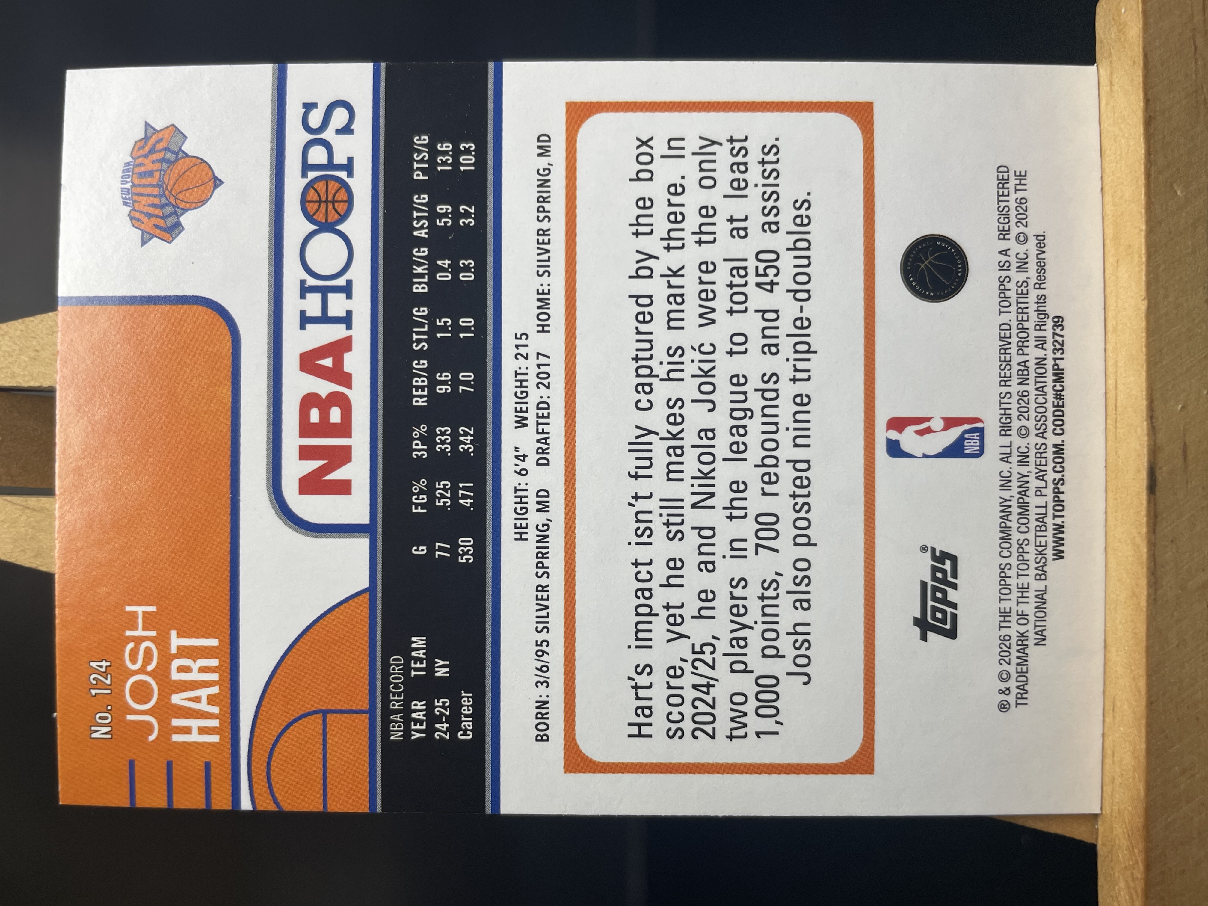 (A9) 2026 TOPPS NBAHOOPS 折射 约什 哈特 尼克斯 近期大热球星 收藏凑套必备 卡品如图 !!!