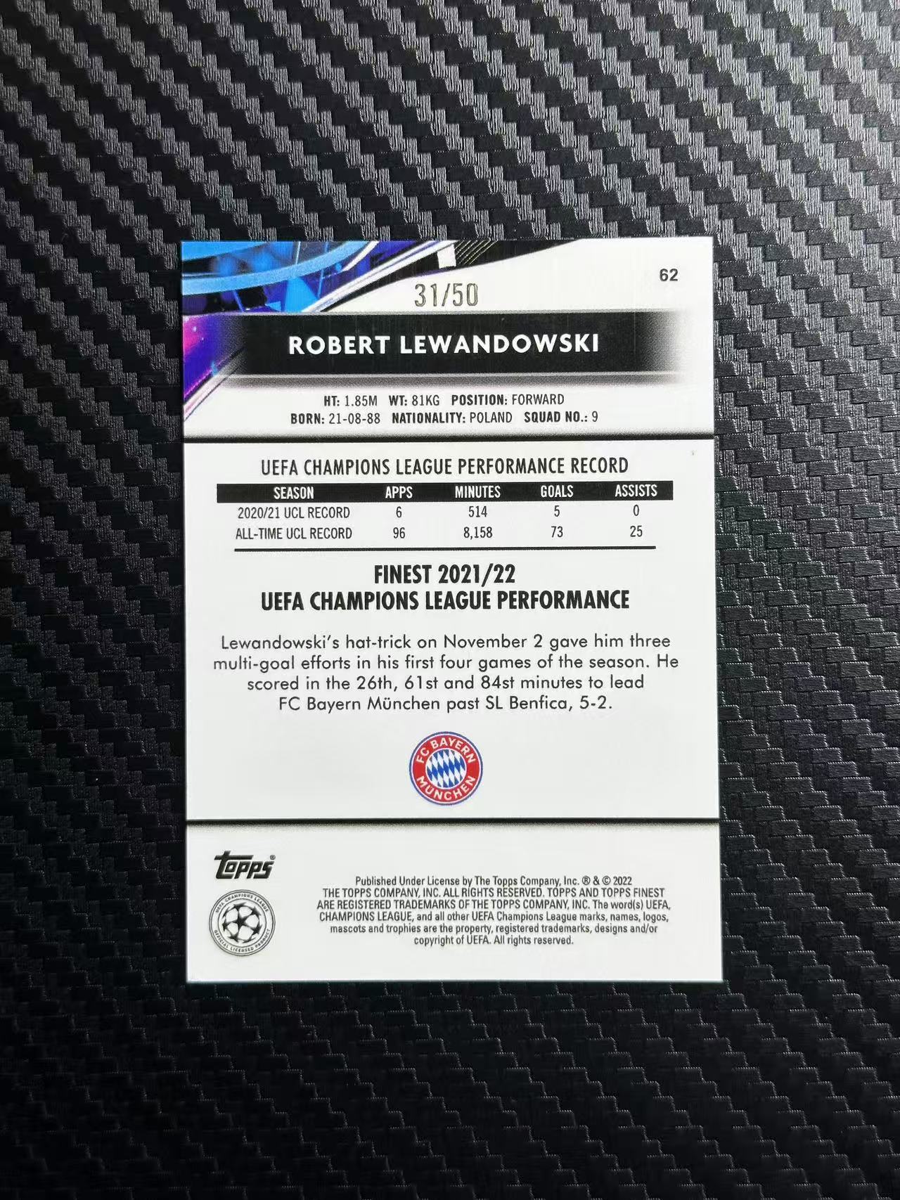 2022 Topps Finest Robert Lewandowksi 欧冠 拜仁慕尼黑 巴萨 巴塞罗那 莱万多夫斯基 金碎点折 31/50编 卡品如图 拍前看描述