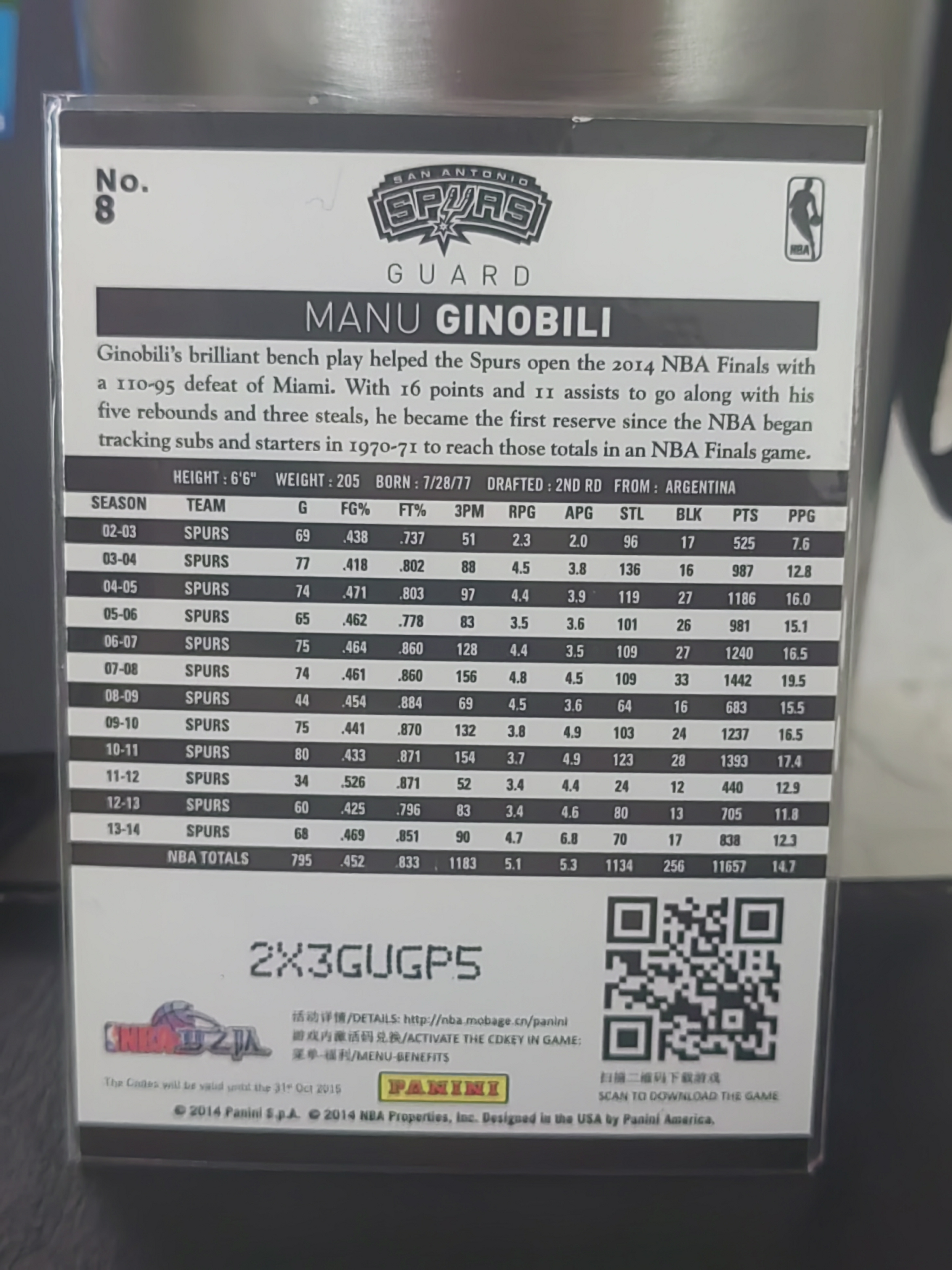 2014 Panini S.p.A Manu Ginobili 中雅图 银折 马努 吉诺比利 妖刀 马刺 篮 白边白角 不保卡品 卡品如图