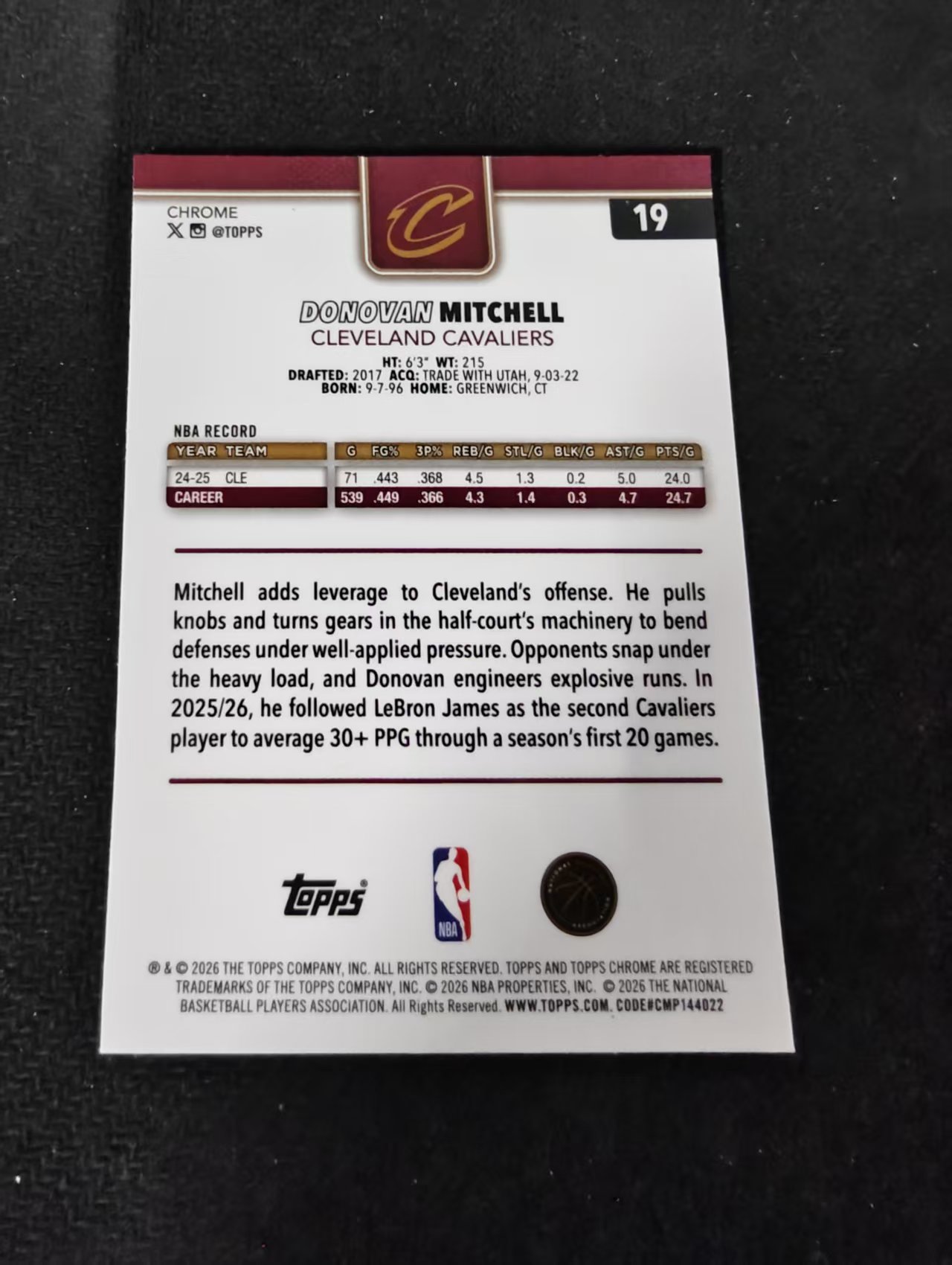 2026 Topps Chrome Update Donovan Mitchell 骑士 多诺万 米切尔 TCU 划痕 边角瑕疵 #19