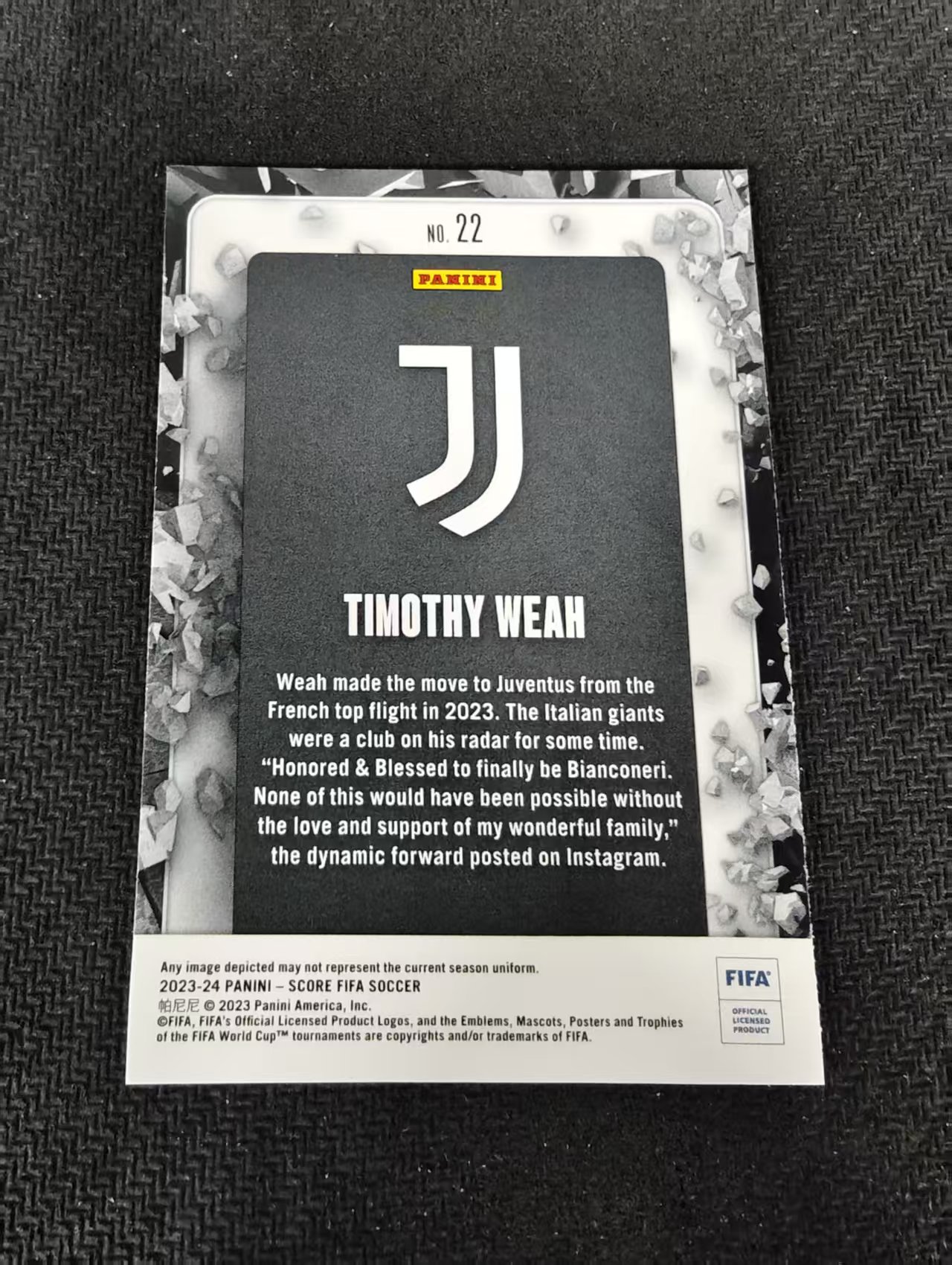 【可合并,不累计】2023-24 Panini Score Timothy Weah 蒂莫西 维阿 尤文图斯 美国 FIFA 特卡 划痕 边角瑕疵 #22