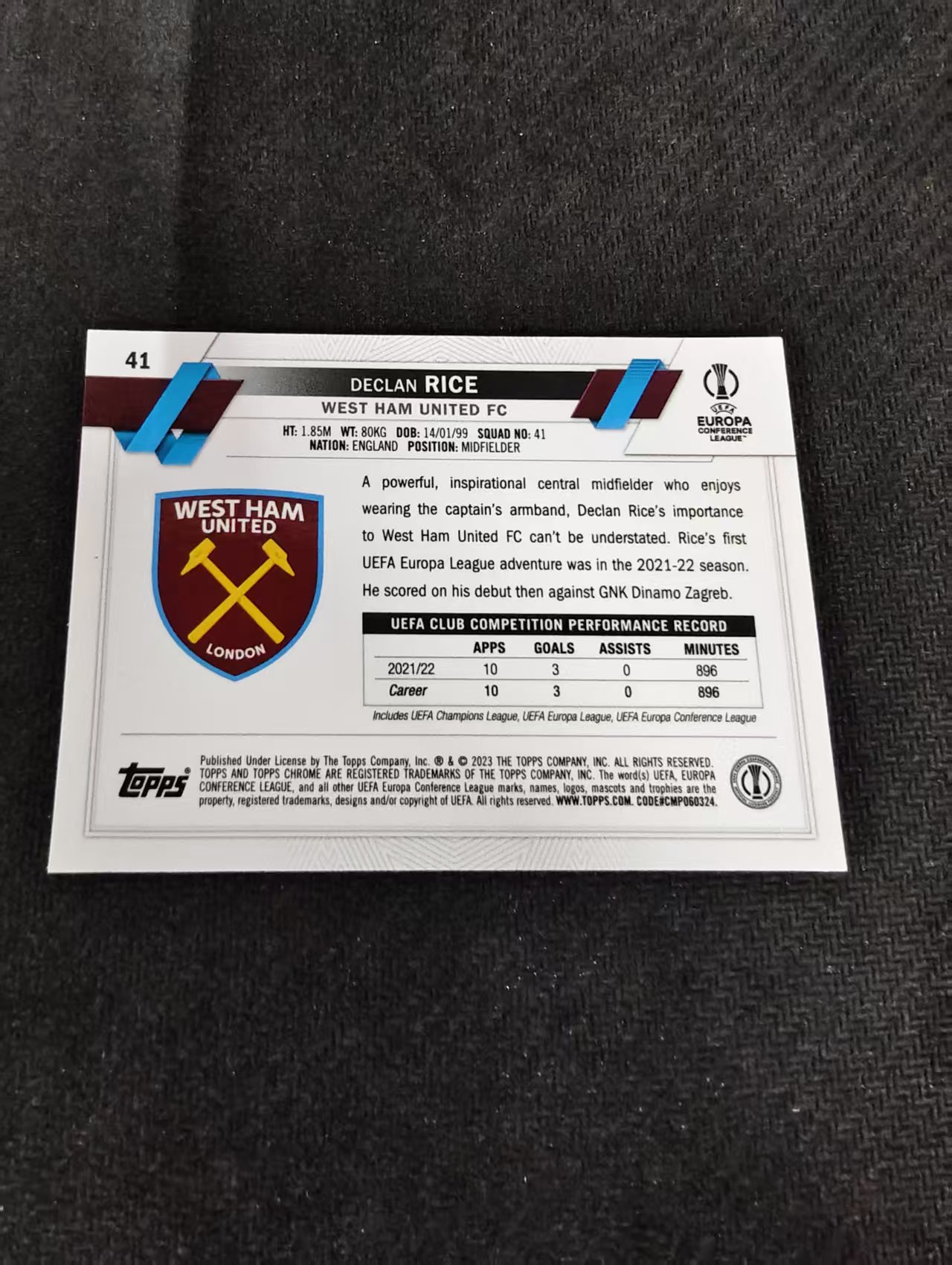【可合并,不累计】2023 Topps Chrome Declan Rice 欧冠 蓝宝石 西汉姆联 阿森纳 英格兰 莱斯 赖斯 蓝碎冰折 划痕 边角瑕疵 #41