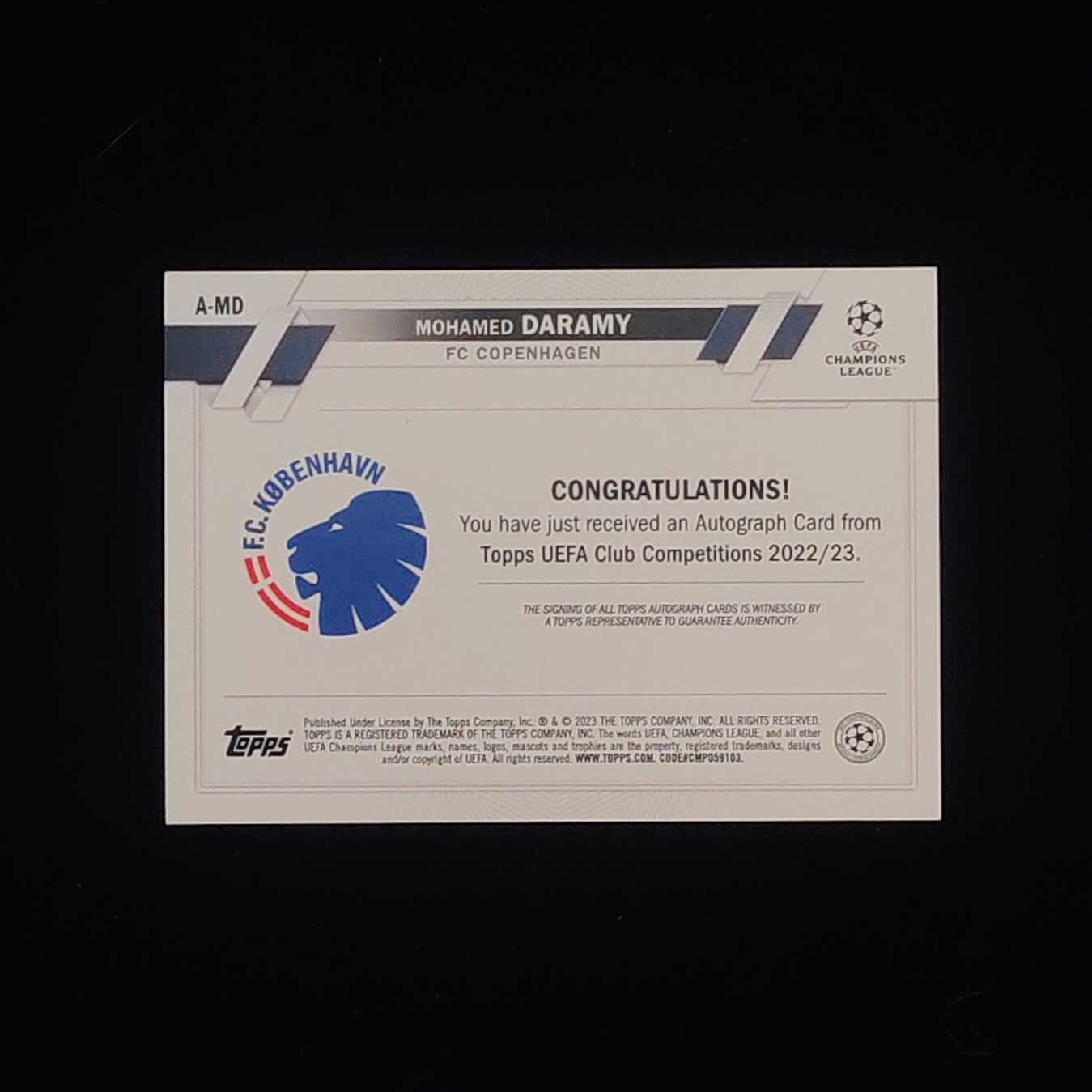 2023 Topps UEFA Champions League Mohammed Daramy 哥本哈根 穆罕默德 达拉米 完美签 卡品如图 收藏必备 【才来-柱】