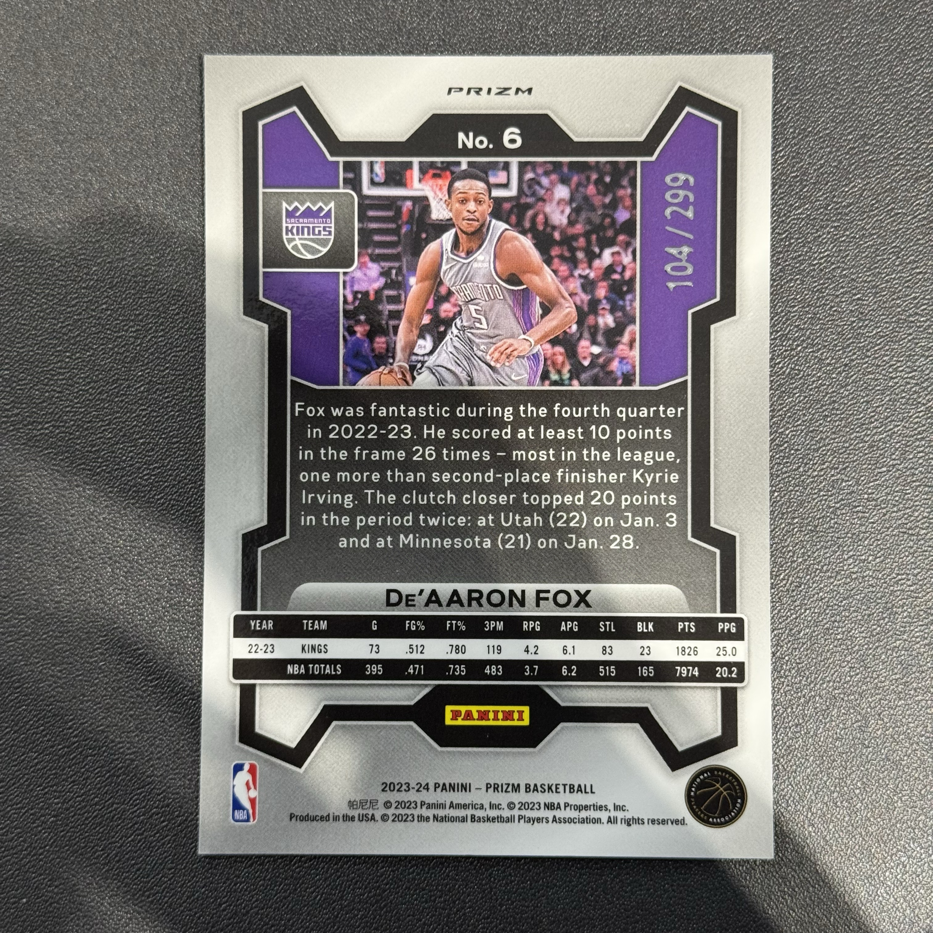 2023-24 Panini Prizm De'Aaron Fox 【猴猴旺卡】国王 达龙福克斯 104/299编 红折卡品如图 接代拍【林哥】