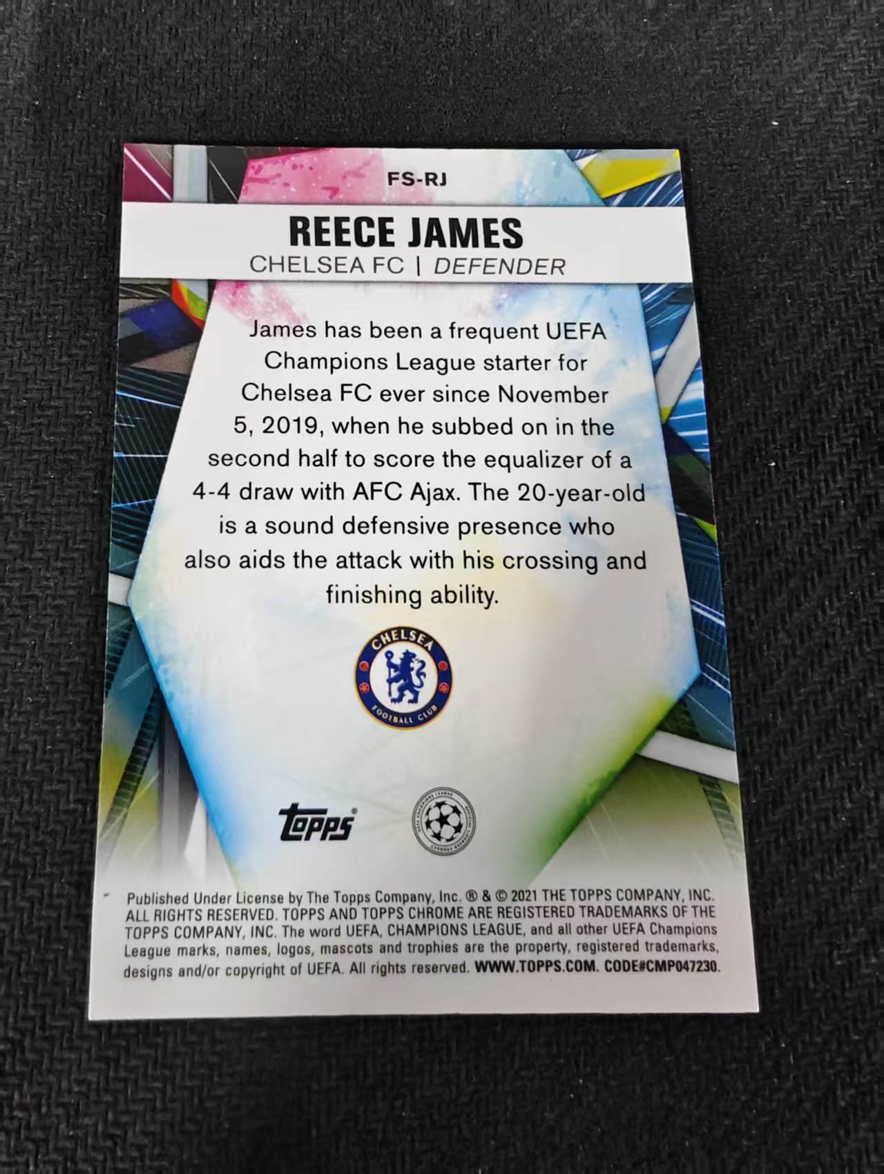 【可合并,不累计】2021 Topps Chrome Reece James 欧冠 蓝宝石 英格兰 切尔西 后卫 里斯 詹姆斯 未来之星特卡 碎冰折 划痕 边角瑕疵