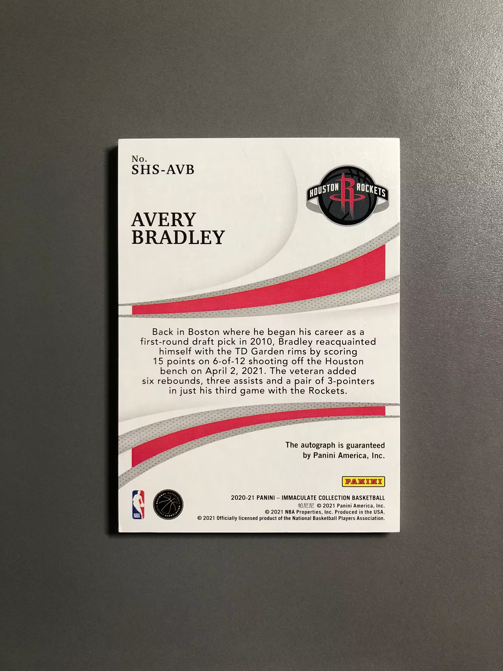 2020-21 Panini Immaculate Avery Bradley 艾弗里·布拉德利 火箭 签字 卡签 镜面 沙盒签 Shadowbox 金版 10编 实卡好看 卡品如图 可累计KH033