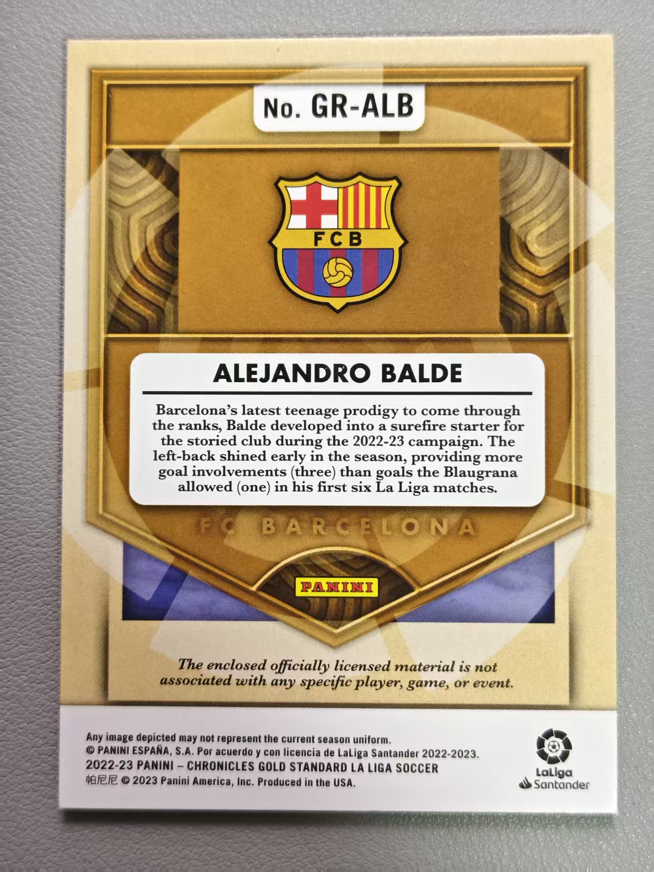【阿泽代卖】2022-23 Panini Chronicles Gold 金砖 Alejandro Balde 巴萨 西甲 巴尔德 /199编 折射 小窗物料 球衣切割 卡品如图 介意勿拍-MAN