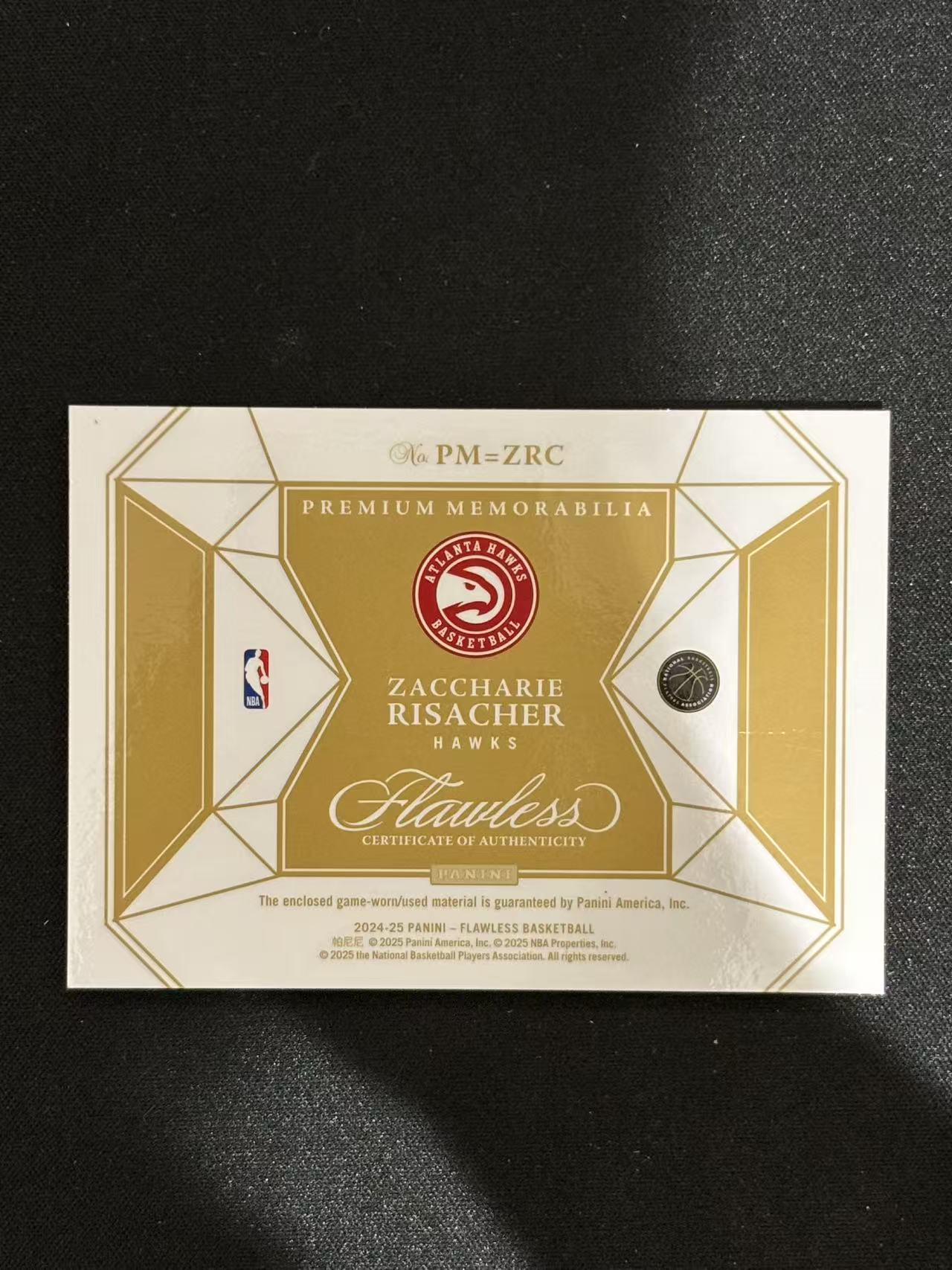 2024-25 Panini Flawless Zaccharie Risacher RC 手提 扎卡里 里萨谢 新秀 球衣物料切割 GU亲穿 03/10编 - 顾YH