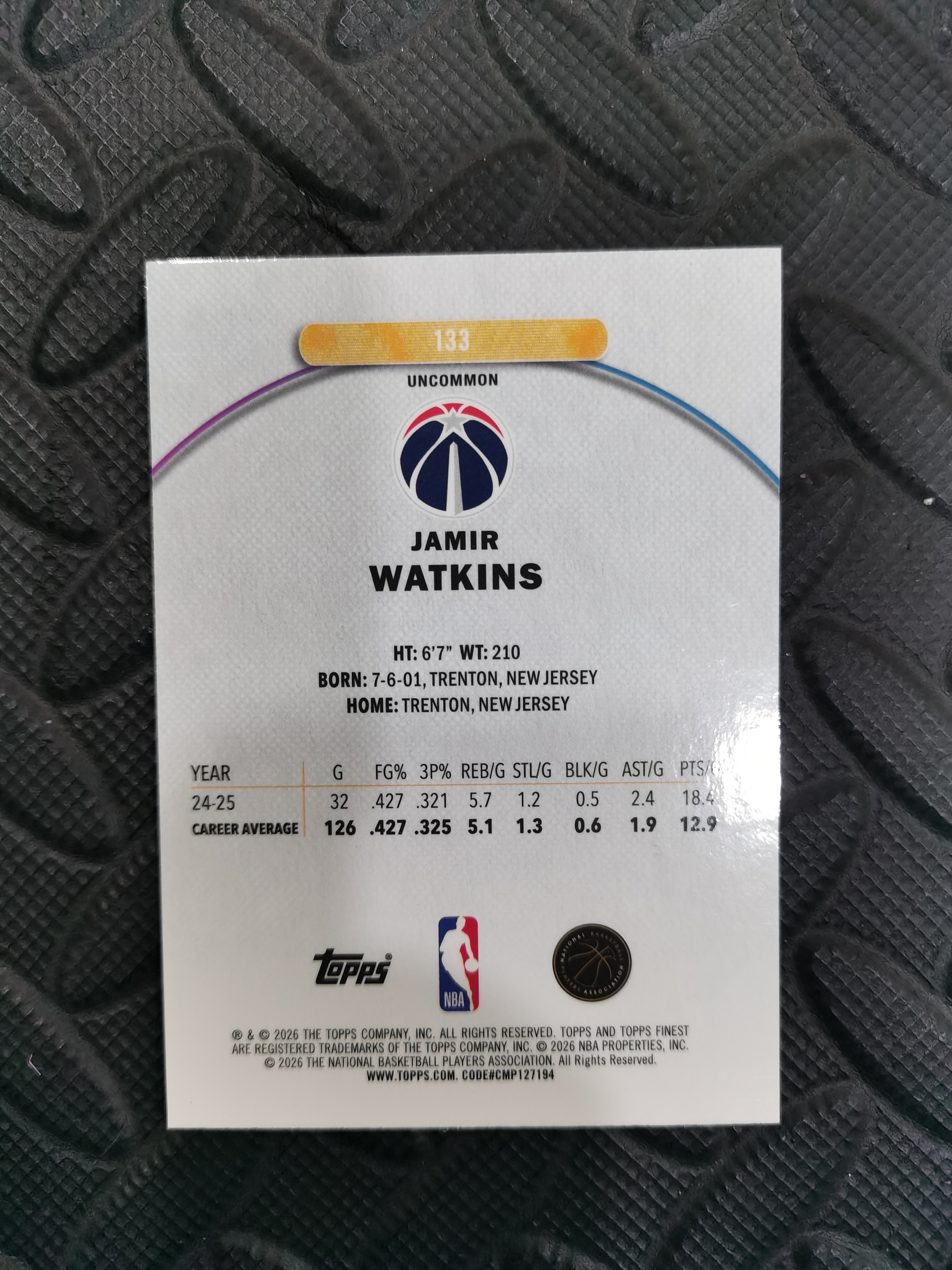 2026 Topps Finest Jamir Watkins 贾米尔沃克 奇才 二级 油污 收藏凑套 卡品如图 免费代拍(SC888)
