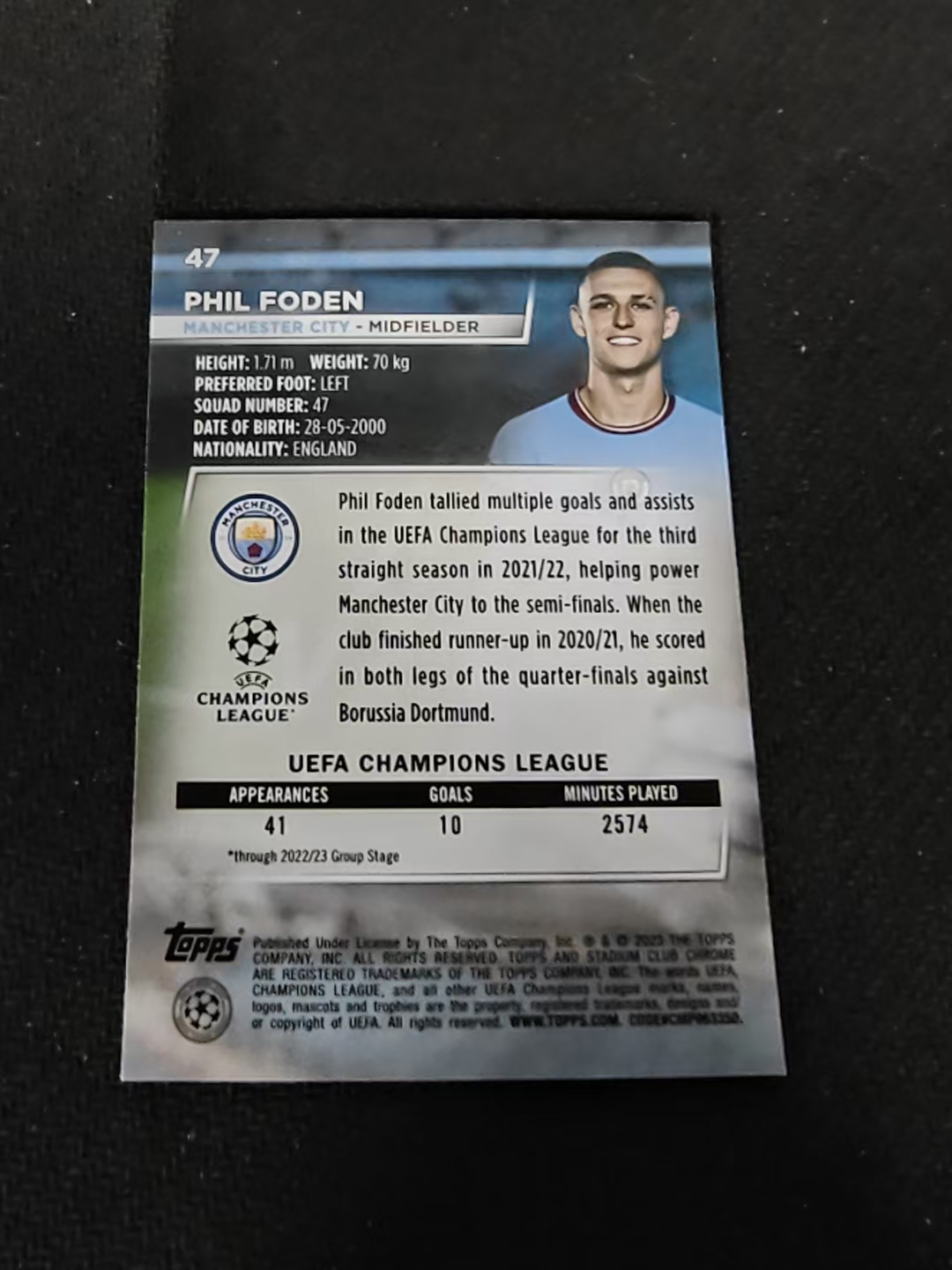 【可合并,不累计】2023 Topps Stadium Club Chrome Phil Foden 英格兰 曼城 菲尔 福登 欧冠 竞技场 不保卡品 介意勿拍 #47