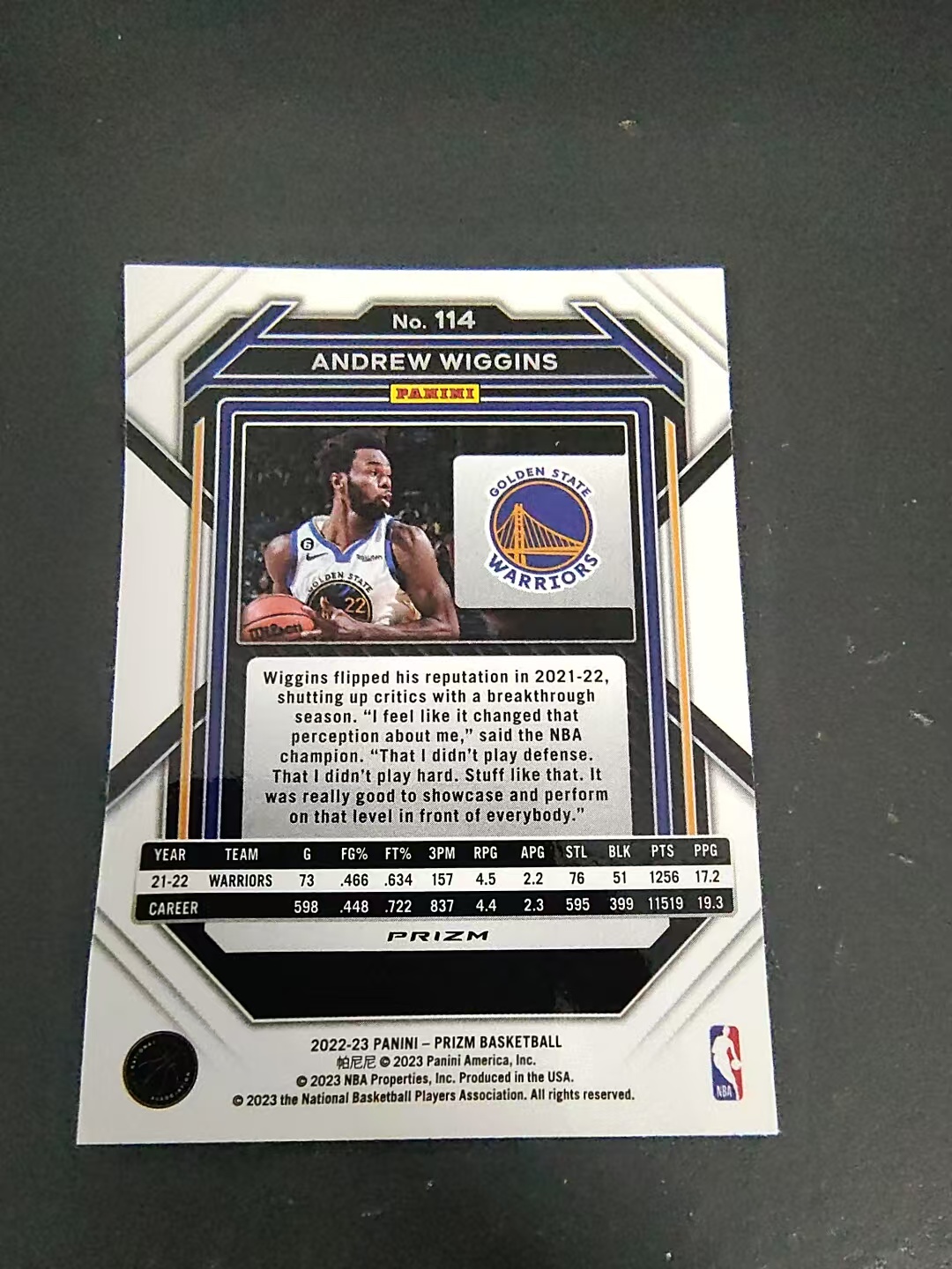 【可合并,不累计】2022-23 Panini Prizm Andrew Wiggins 安德鲁 威金斯 勇士 PZ Hyper折 划痕 边角瑕疵 #114