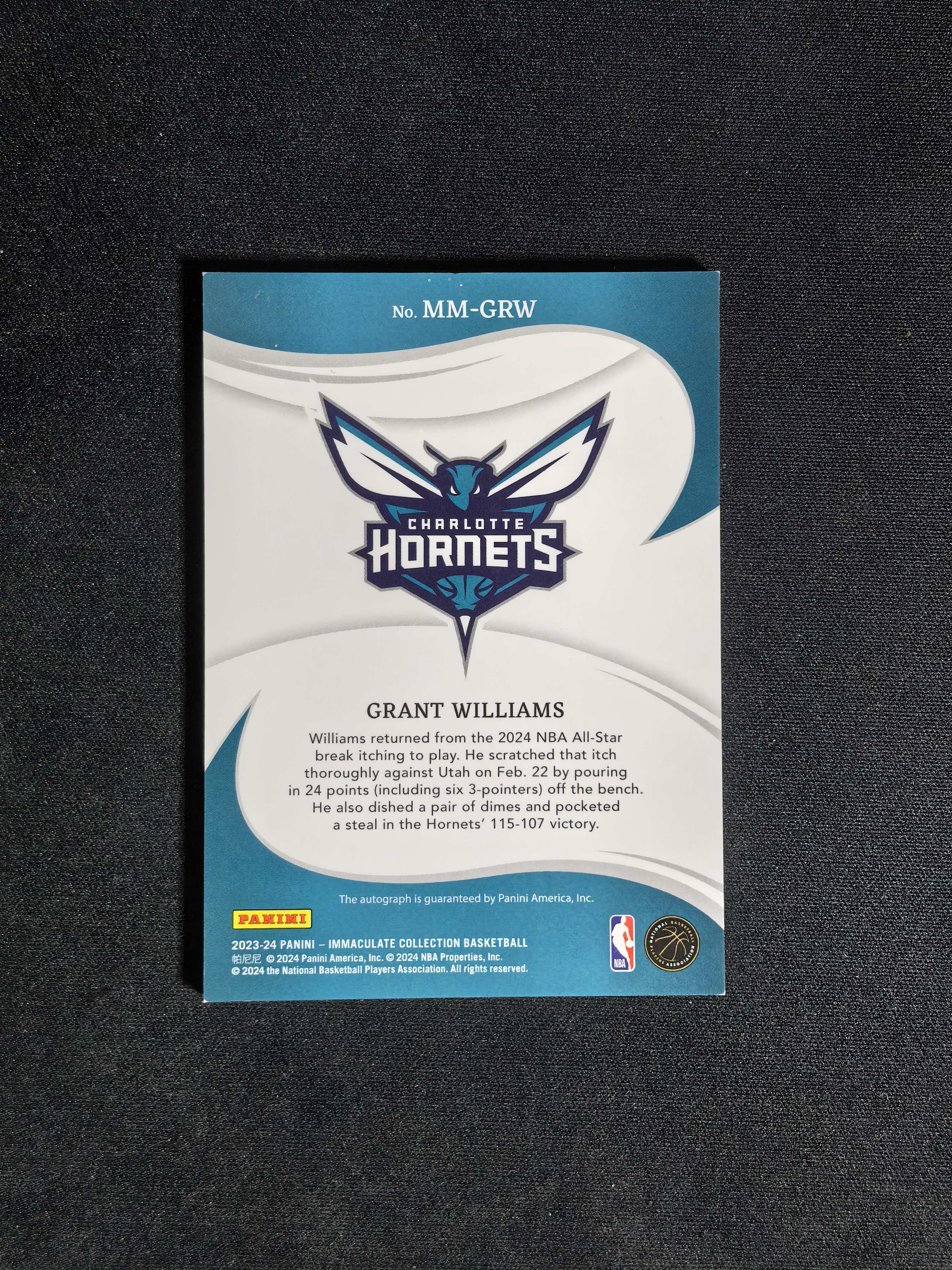 2023-24 Panini Immaculate Grant Williams 黄蜂 格兰特 威廉姆斯 /25编 低编 卡签 签字 微瑕如图卡品如图 mj【CYT球星卡】