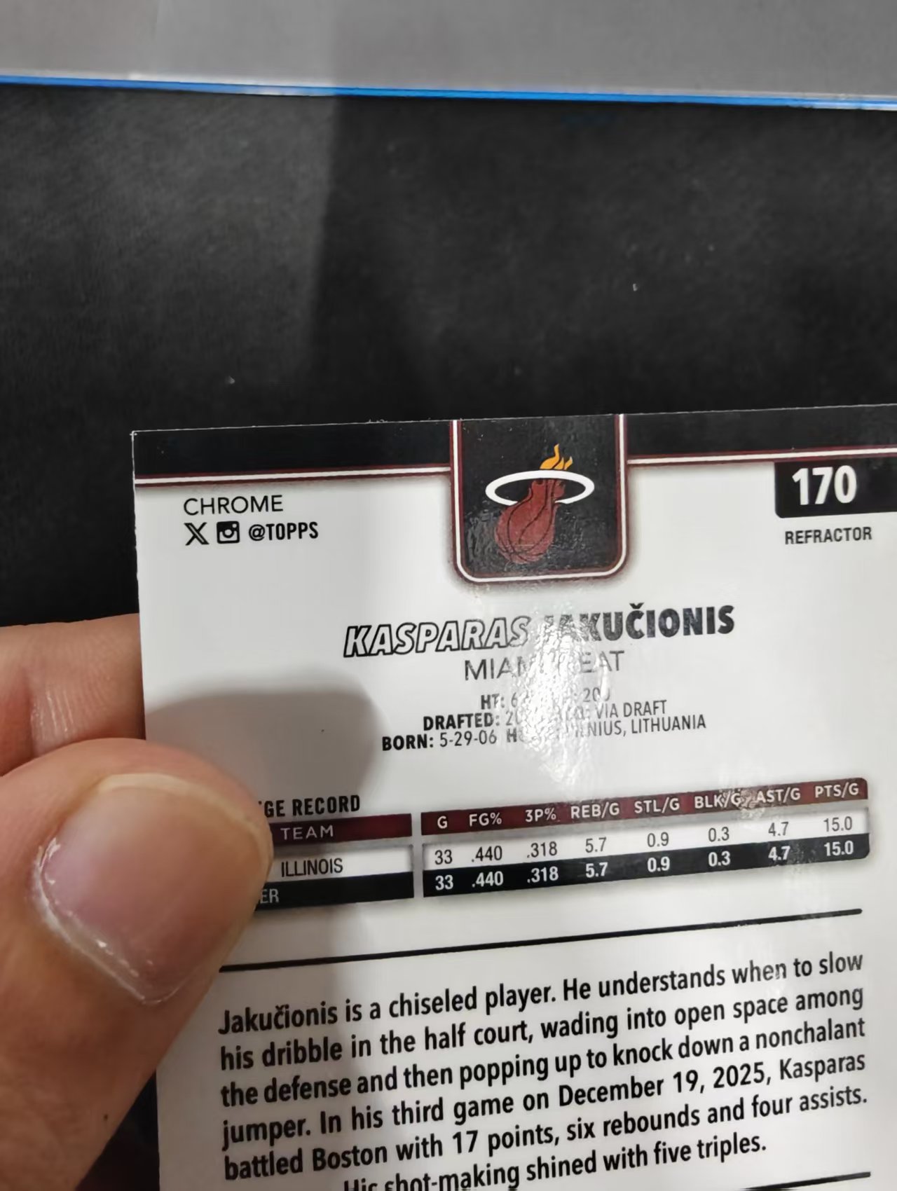 2026 Topps Chrome Update TCU 热火 Kasparas Jakucionis 卡斯帕拉斯 亚库契奥尼斯 新秀RC 银折 瑕疵如图
