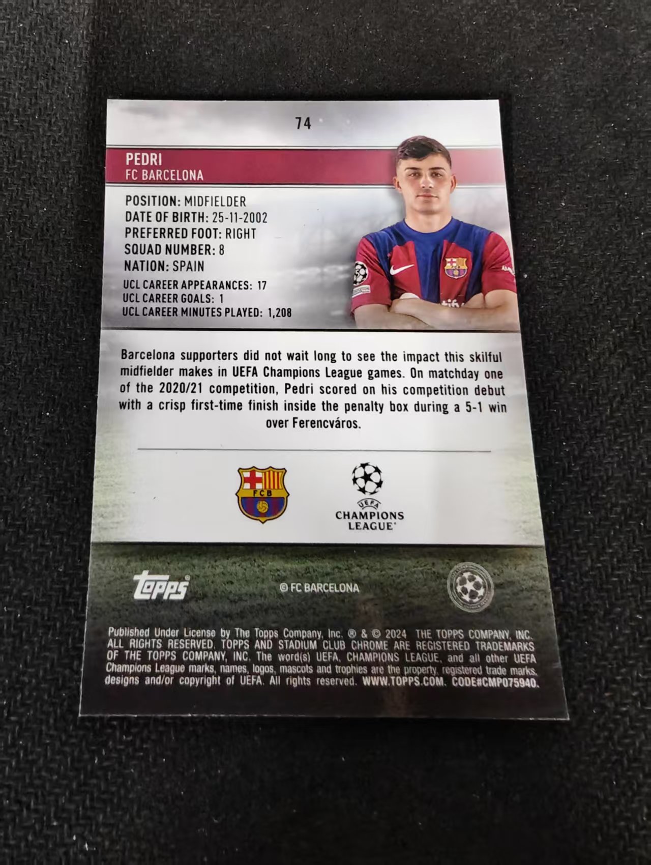 【可合并,不累计】2024 Topps Stadium Club Chrome Pedri 佩德里 巴萨 竞技场 欧冠 不保卡品 介意勿拍 #74