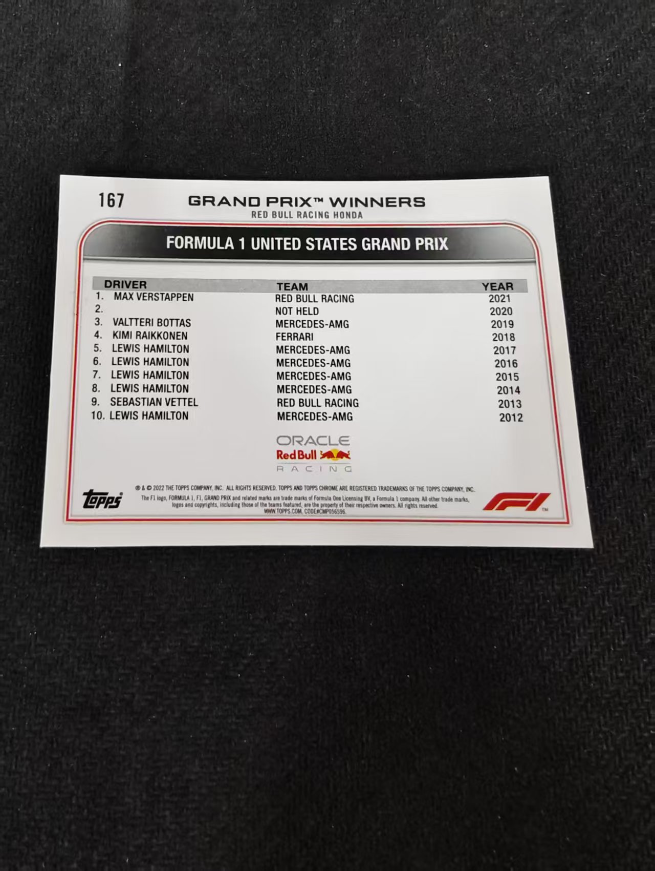 2022 Topps Chrome F1 Max Verstappen 维斯塔潘 红牛 划痕 边角瑕疵 #167
