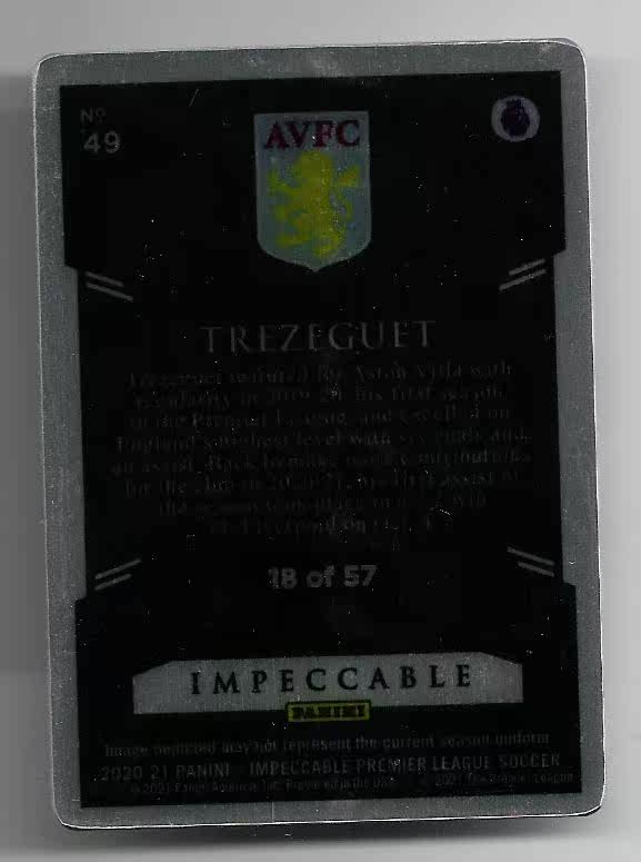 2020-21 Panini Impeccable Trezeguet (鸿英收藏社)2020-21 Panini 英超 小真金 维拉 特雷泽盖 57编 铁板 球星卡 18/57