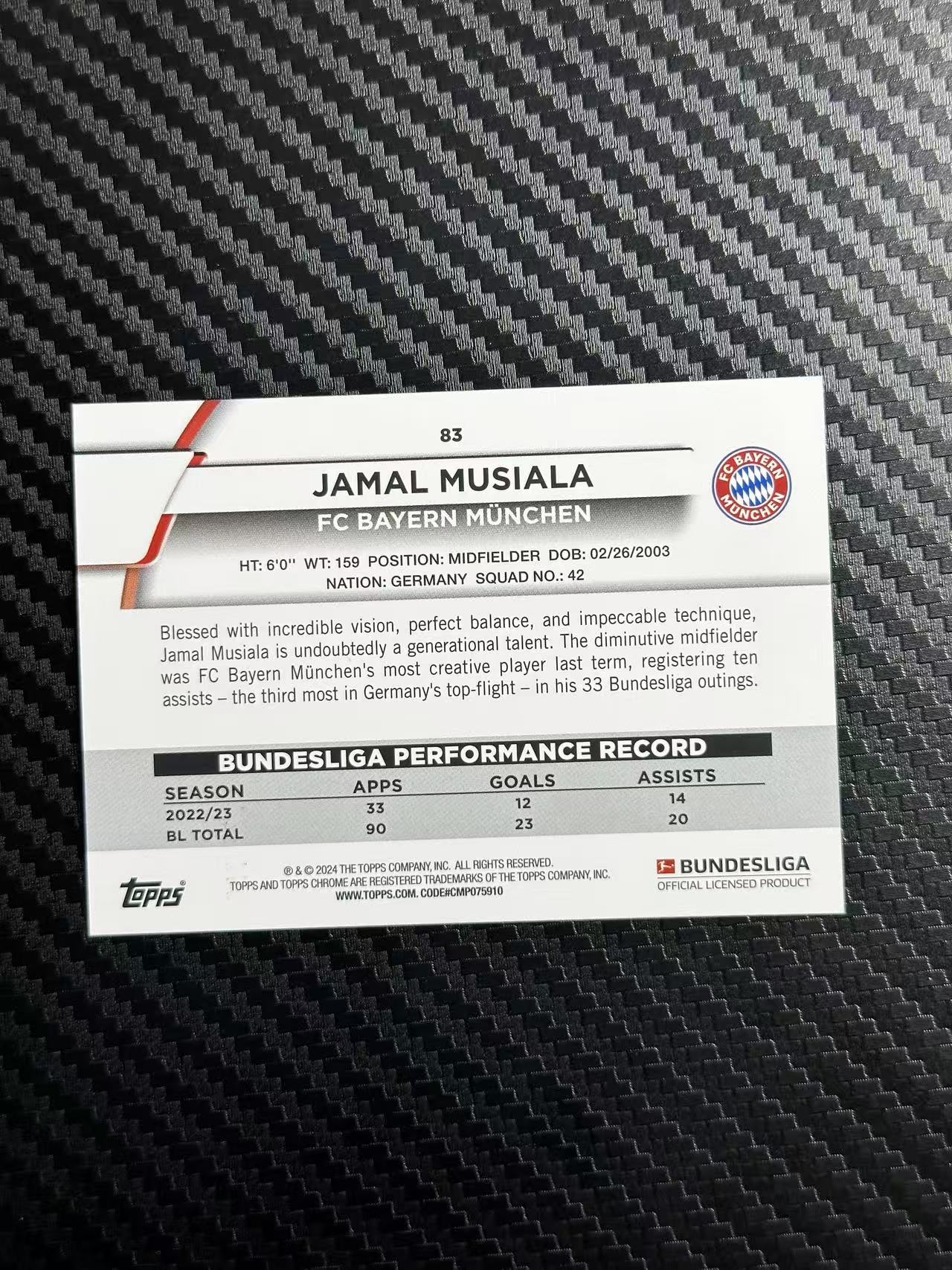 2024 Topps bundesliga Jamal Musiala 贾马尔 穆夏拉 小鹿 拜仁慕尼黑 德国 德甲 碧玉 164/250编 紫玉折 卡品如图 拍前看描述