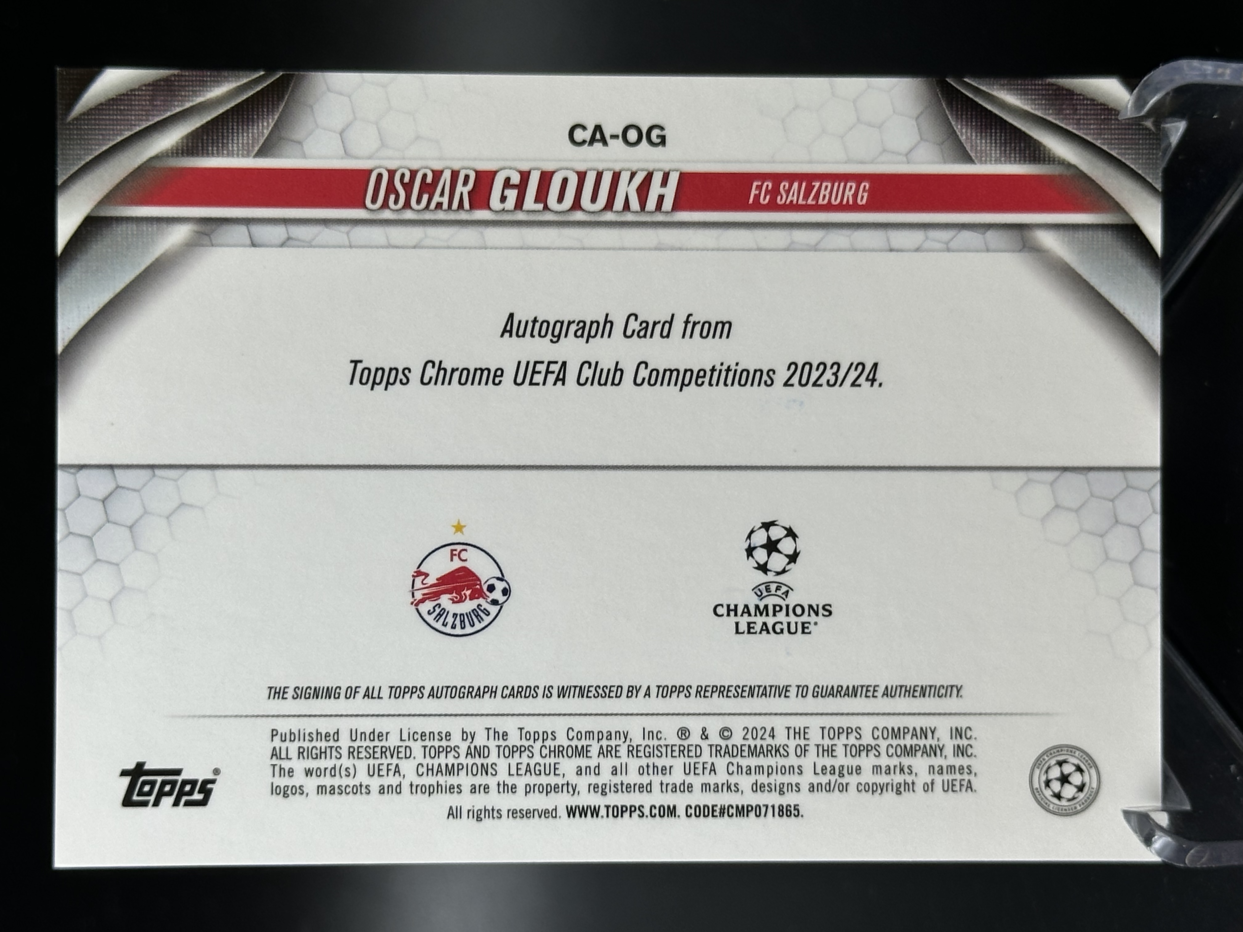 2024-25 Topps Chrome Oscar Gloukh 【小黄拍卖】欧冠 蓝宝石 格卢克 萨尔茨堡红牛 金碎冰折 签字 新秀 rc 18/50编「cook」