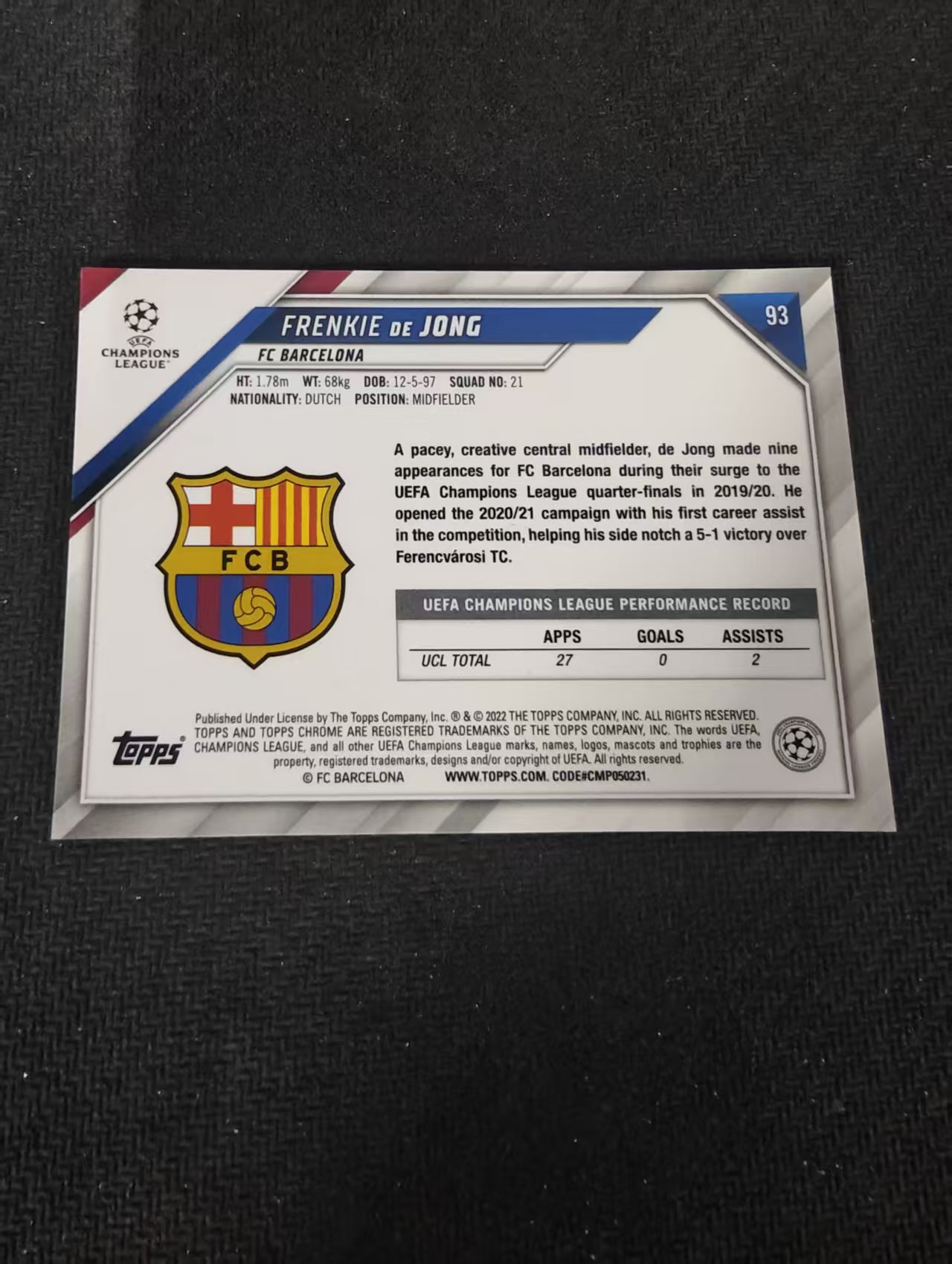 【可合并,不累计】2022 topps chrome Frenkie De Jong 荷兰 巴萨 弗朗基 德容 欧冠 不保卡品 介意勿拍 #93
