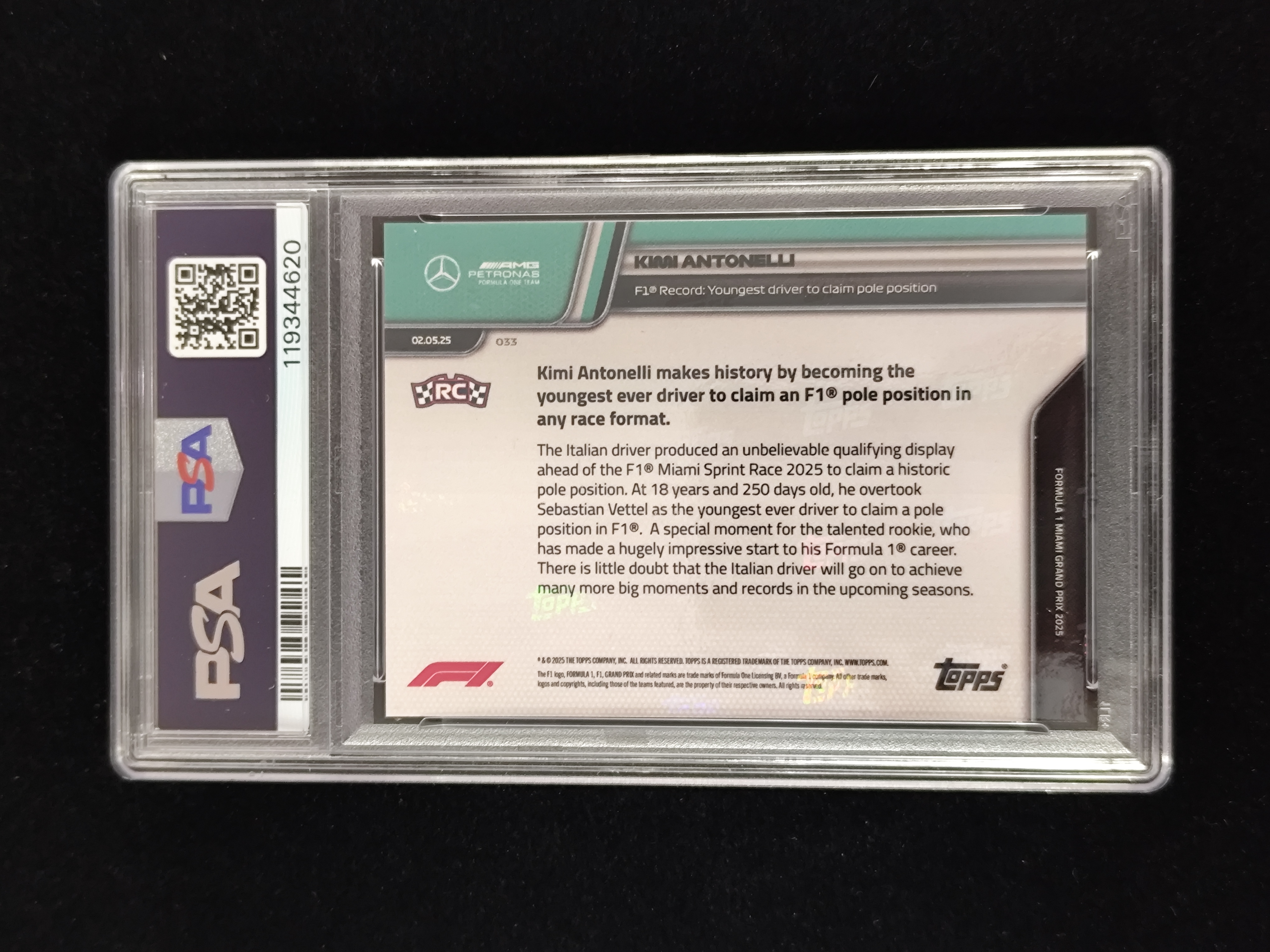 【口袋卡牌】2025 Topps Now F1 75周年 Kimi Antonelli 安东内利 梅赛德斯奔驰 最年轻的杆位获得者 PSA 10 评级满分 RC新秀 收藏必备 15 vvww