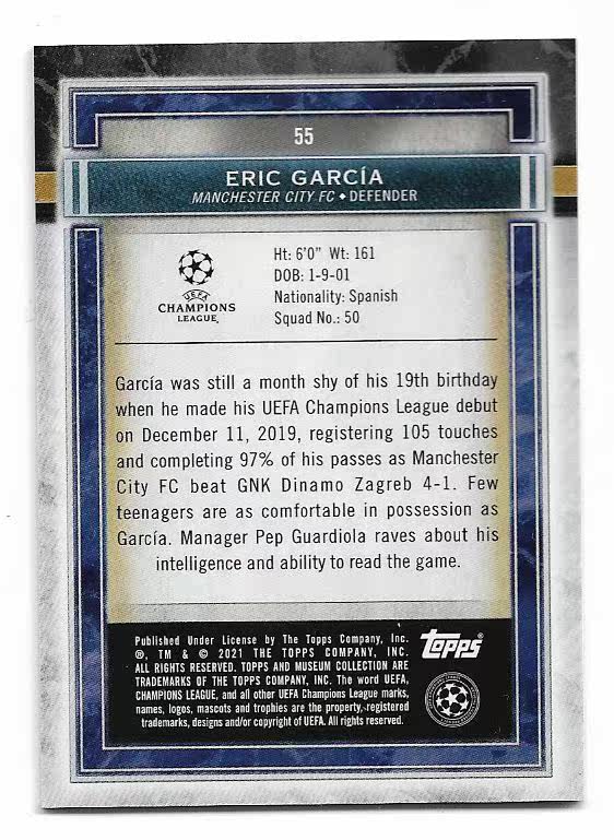 2020-21 Topps Museum Eric Garcia (鸿英收藏社)2020-21 Topps 欧冠博物馆 曼城 加西亚 99编 铜折 球星卡 78/99